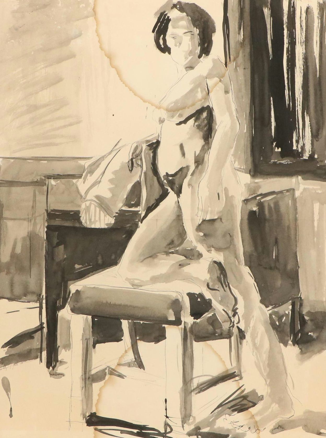 Jacques Fabert Standing Nude Ink Drawing, 1978