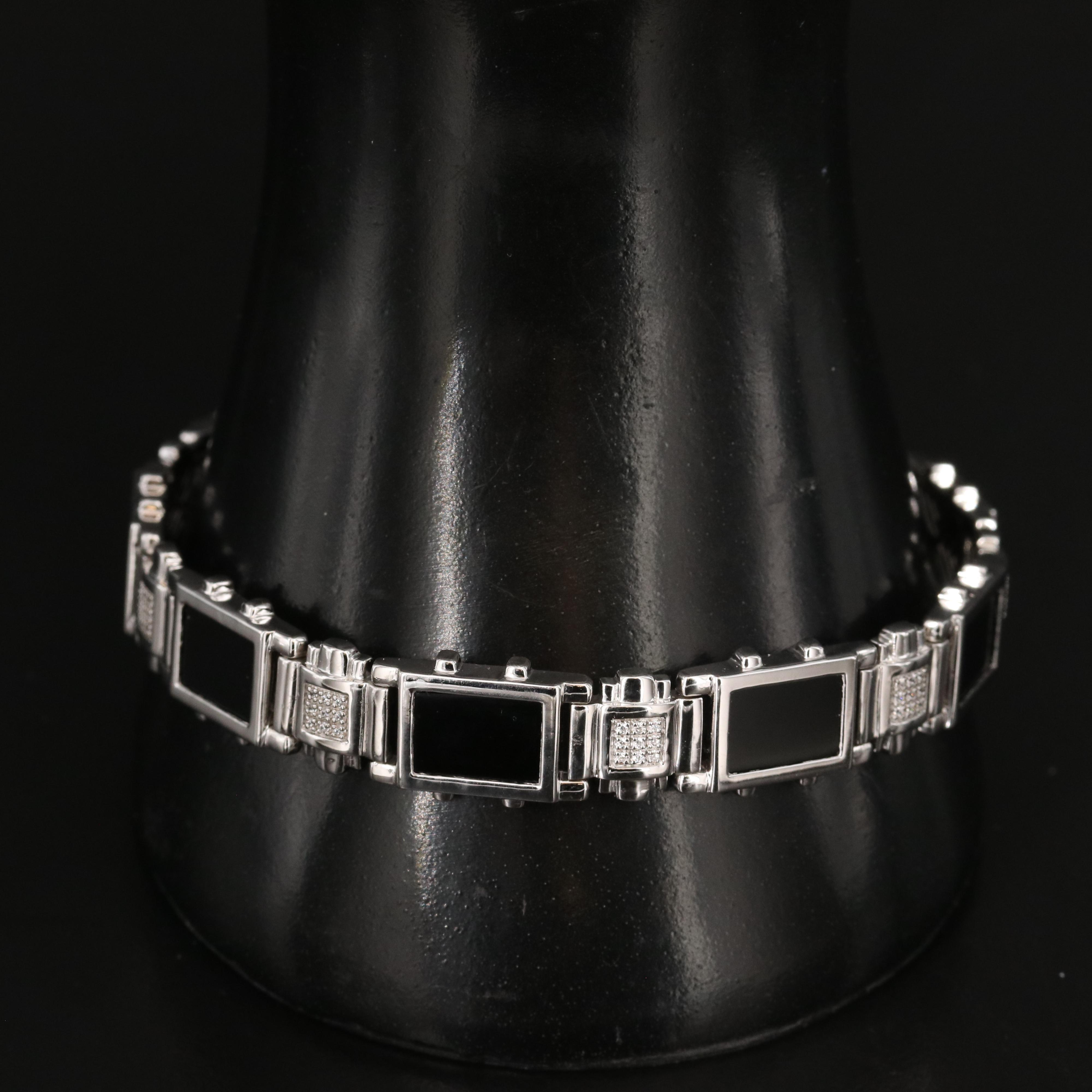 Sterling Black Onyx and CZ Panel Bracelet