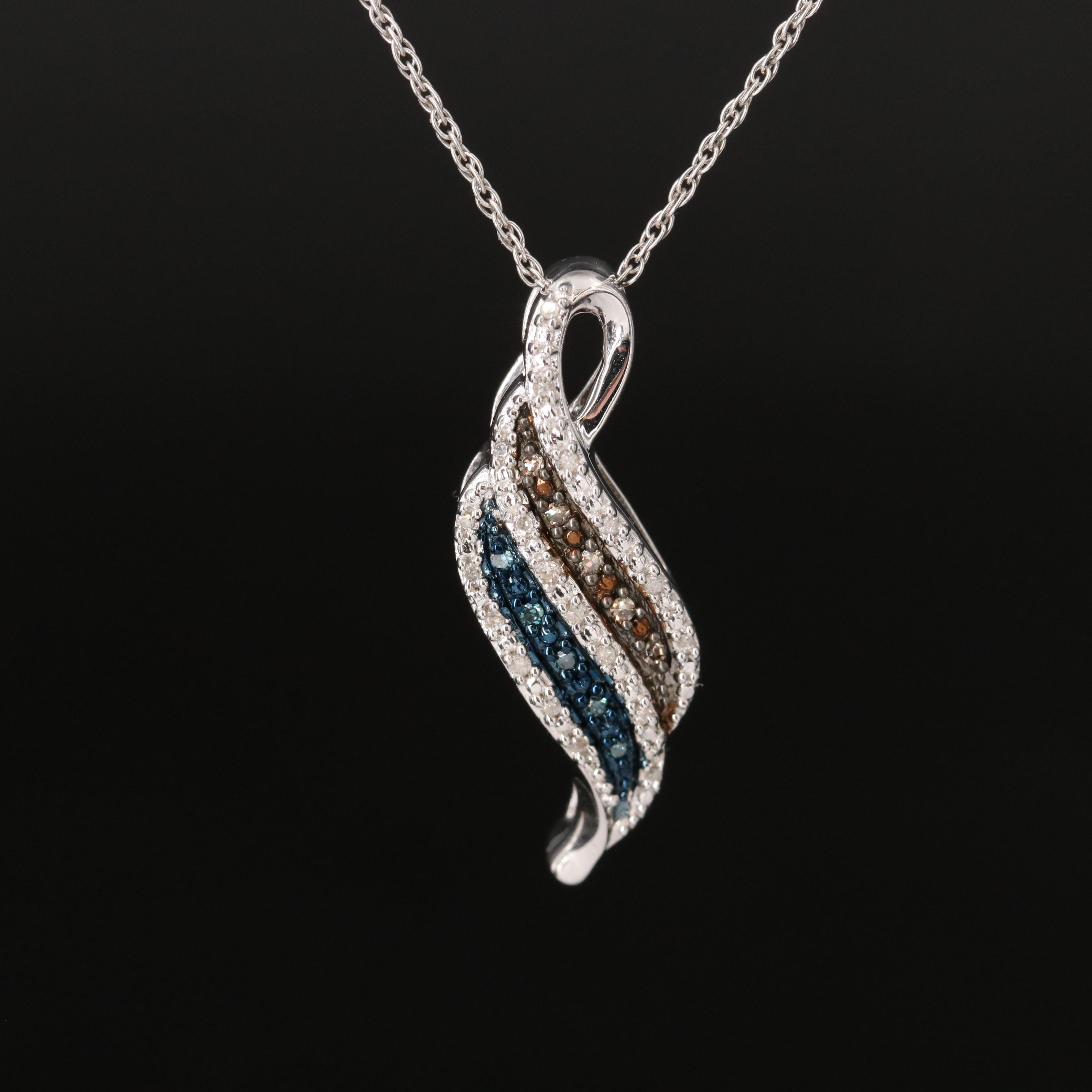 Sterling Diamond Ribbon Pendant Necklace Featuring Fancy Blue