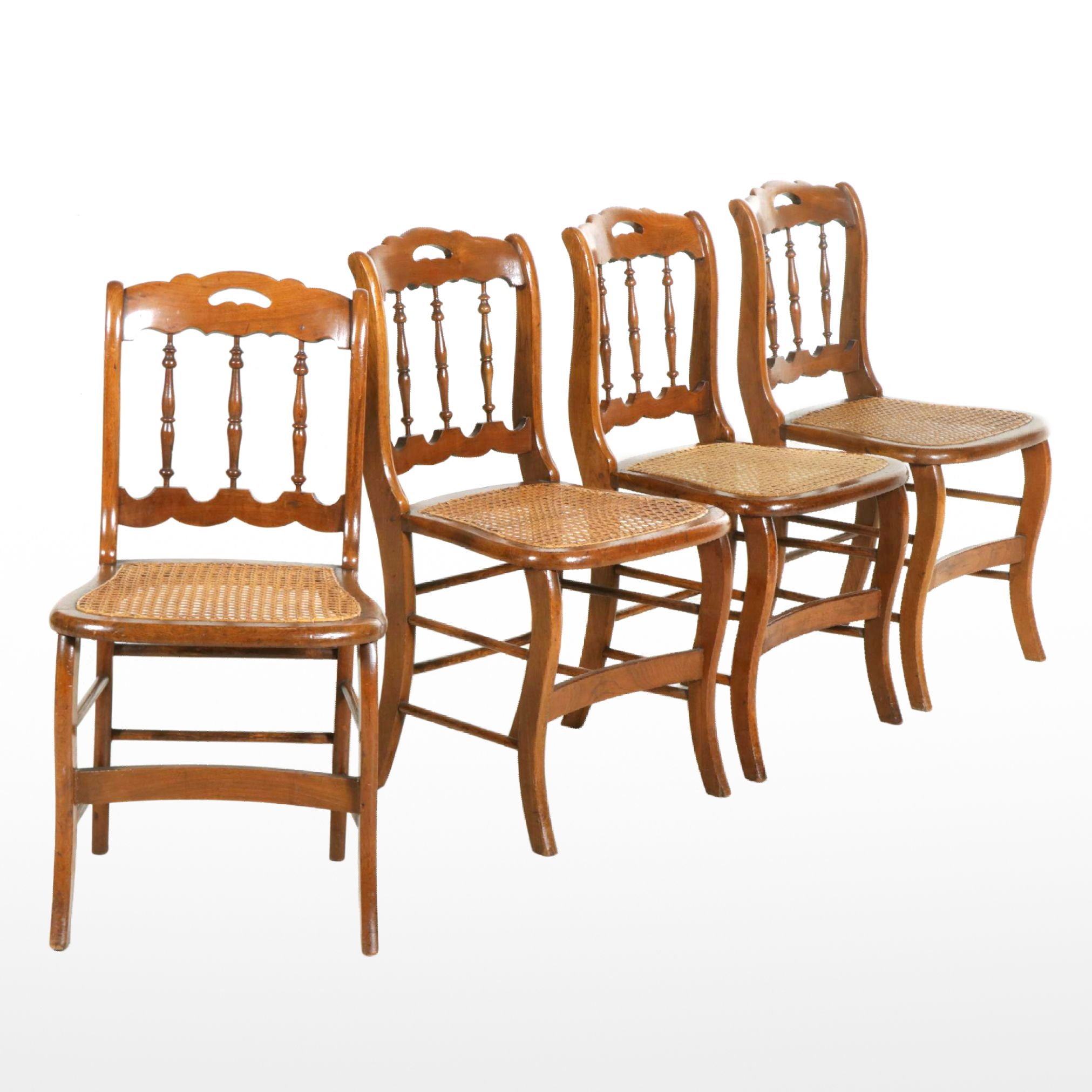 Victorian Walnut Cane Seat Spindle Back Side Chairs, Four, Early 20th Century