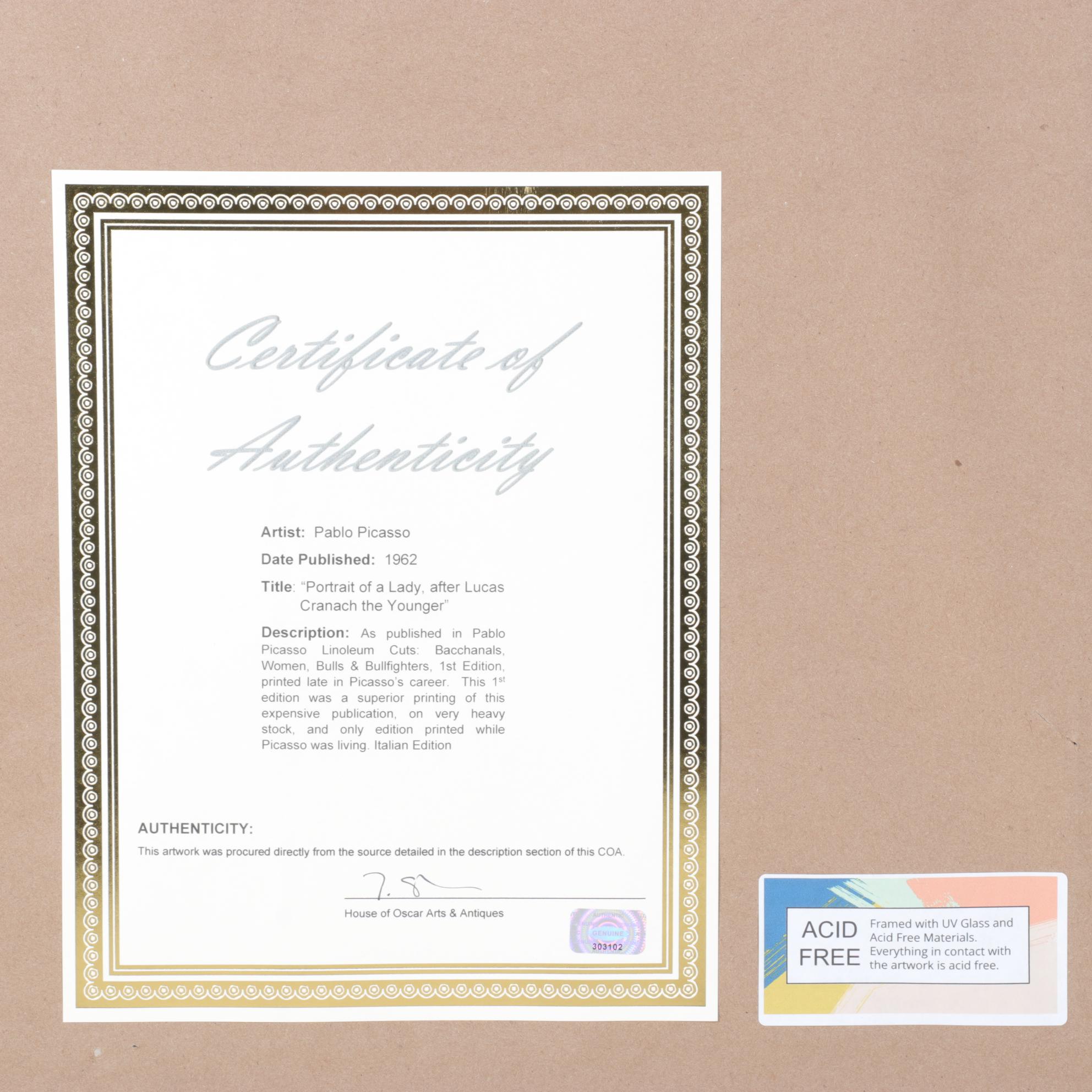 Pablo Picasso Reproduction Linocut Portrait of a Young Woman, 1962