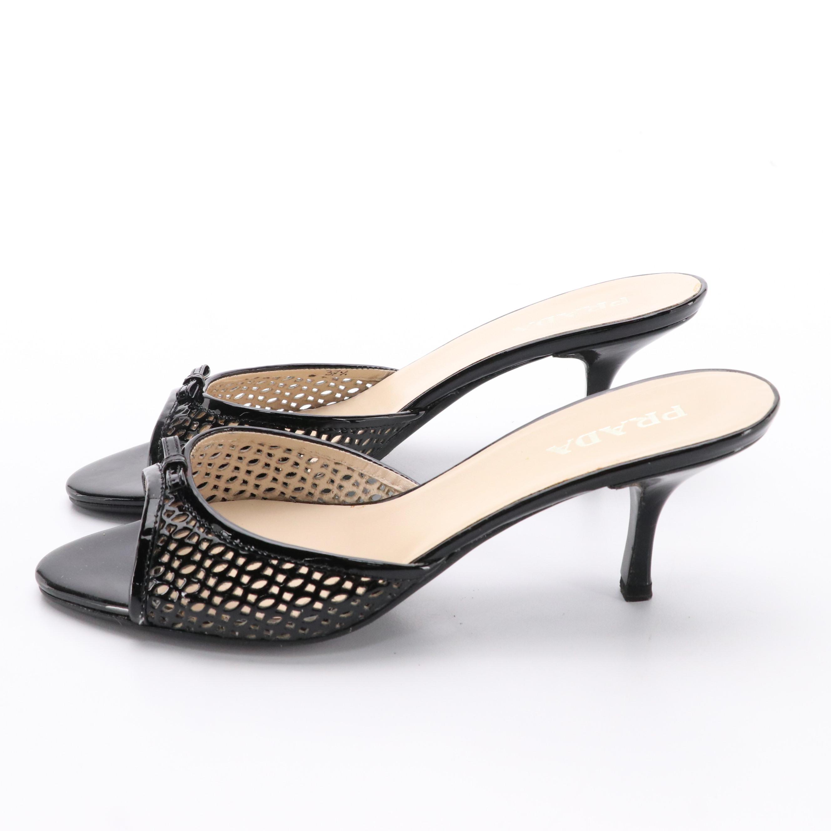 Prada Black Cut-Out Patent Leather Bow Slide Sandals with Box