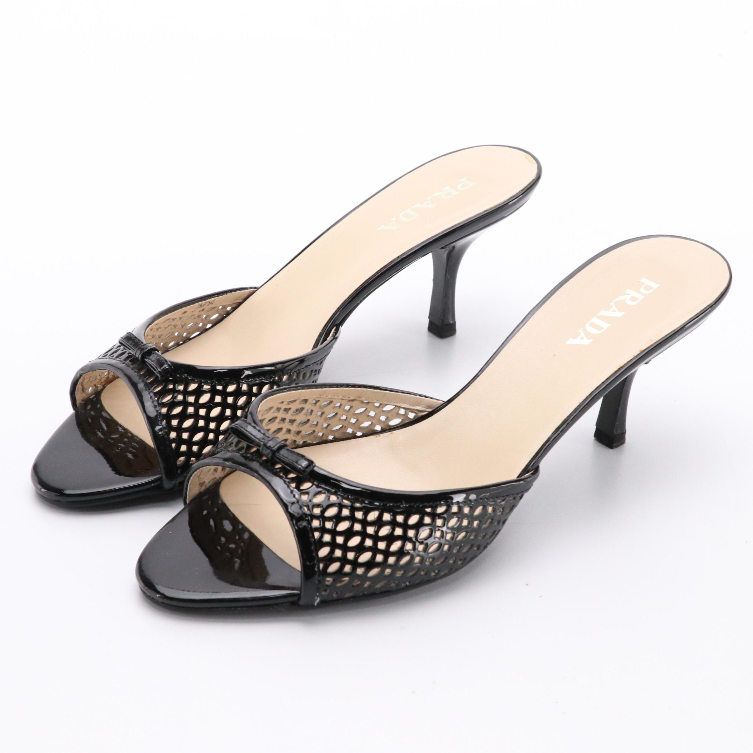 Prada Black Cut-Out Patent Leather Bow Slide Sandals with Box