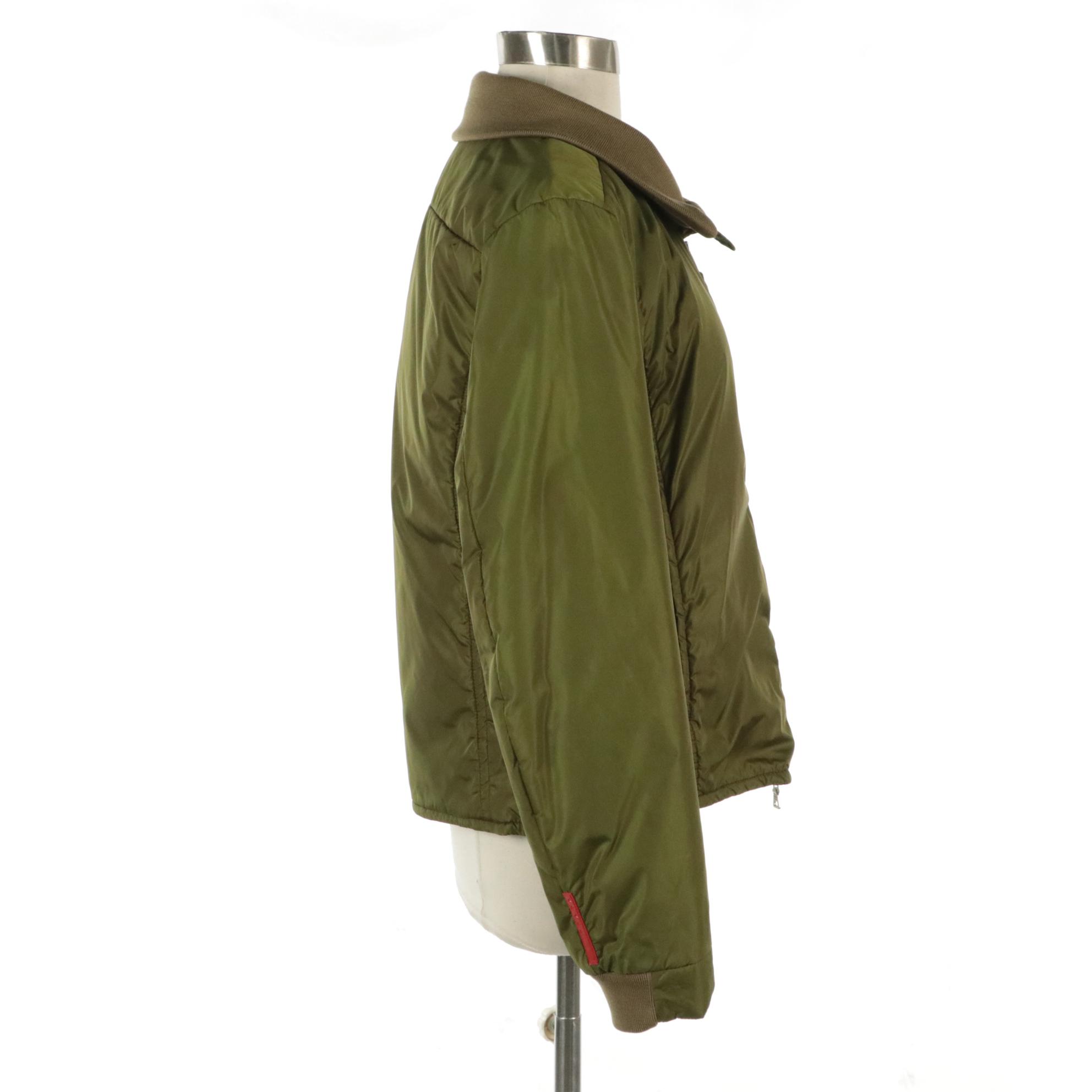 Prada Green Nylon Zip Jacket with Wool Collar and Cuffs