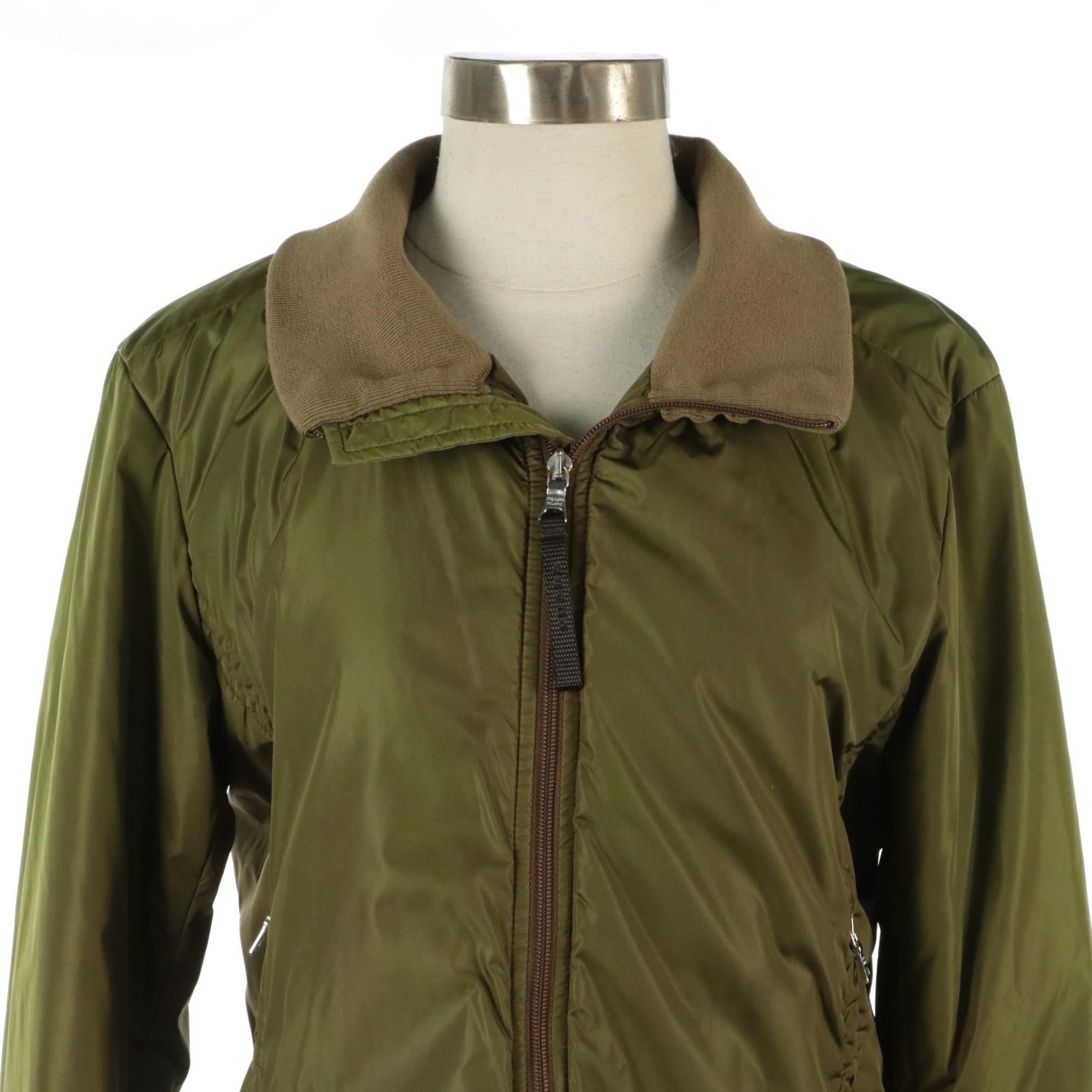 Prada Green Nylon Zip Jacket with Wool Collar and Cuffs