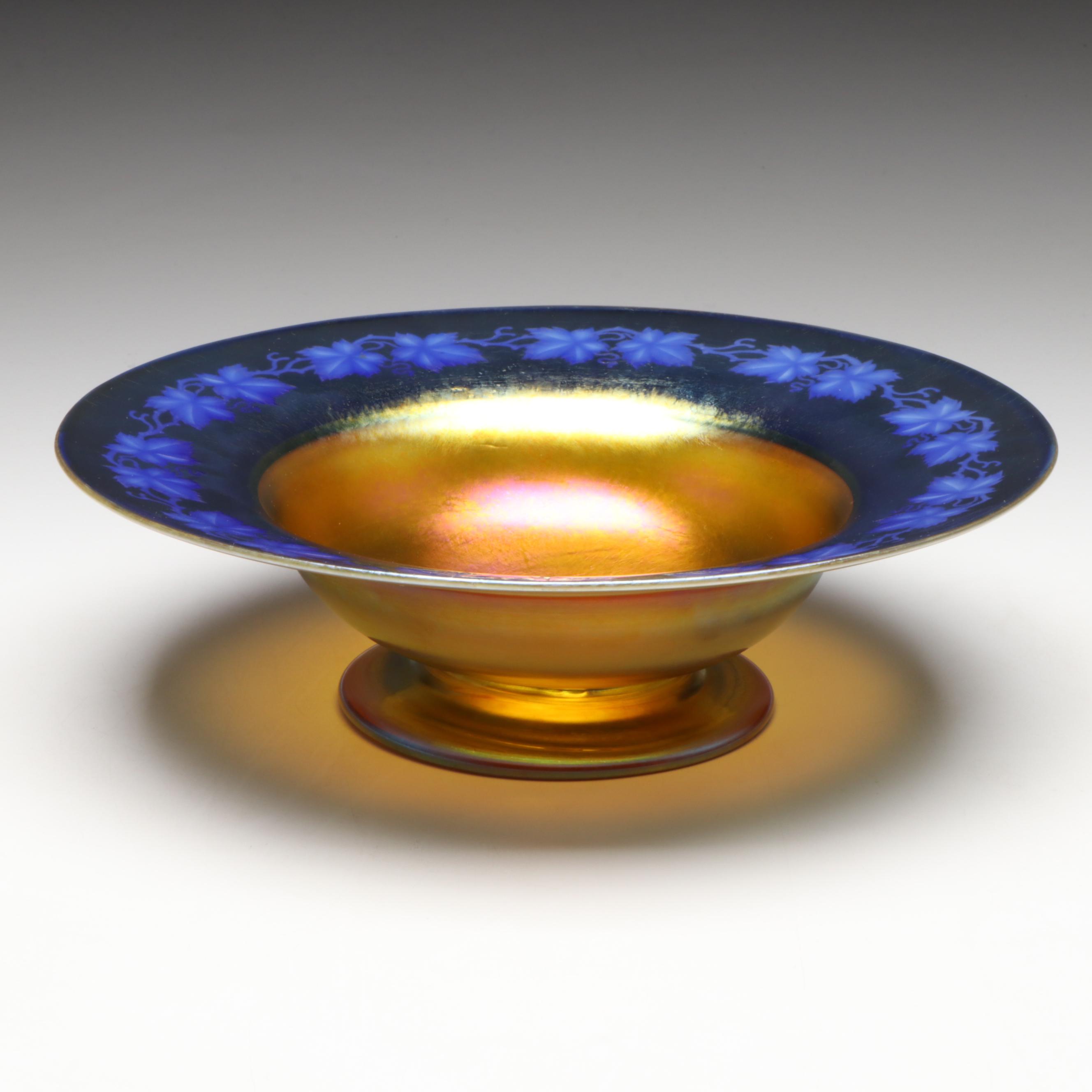 Louis Comfort Tiffany Favrile Art Glass Bowl with Engraved Grapevine on Rim