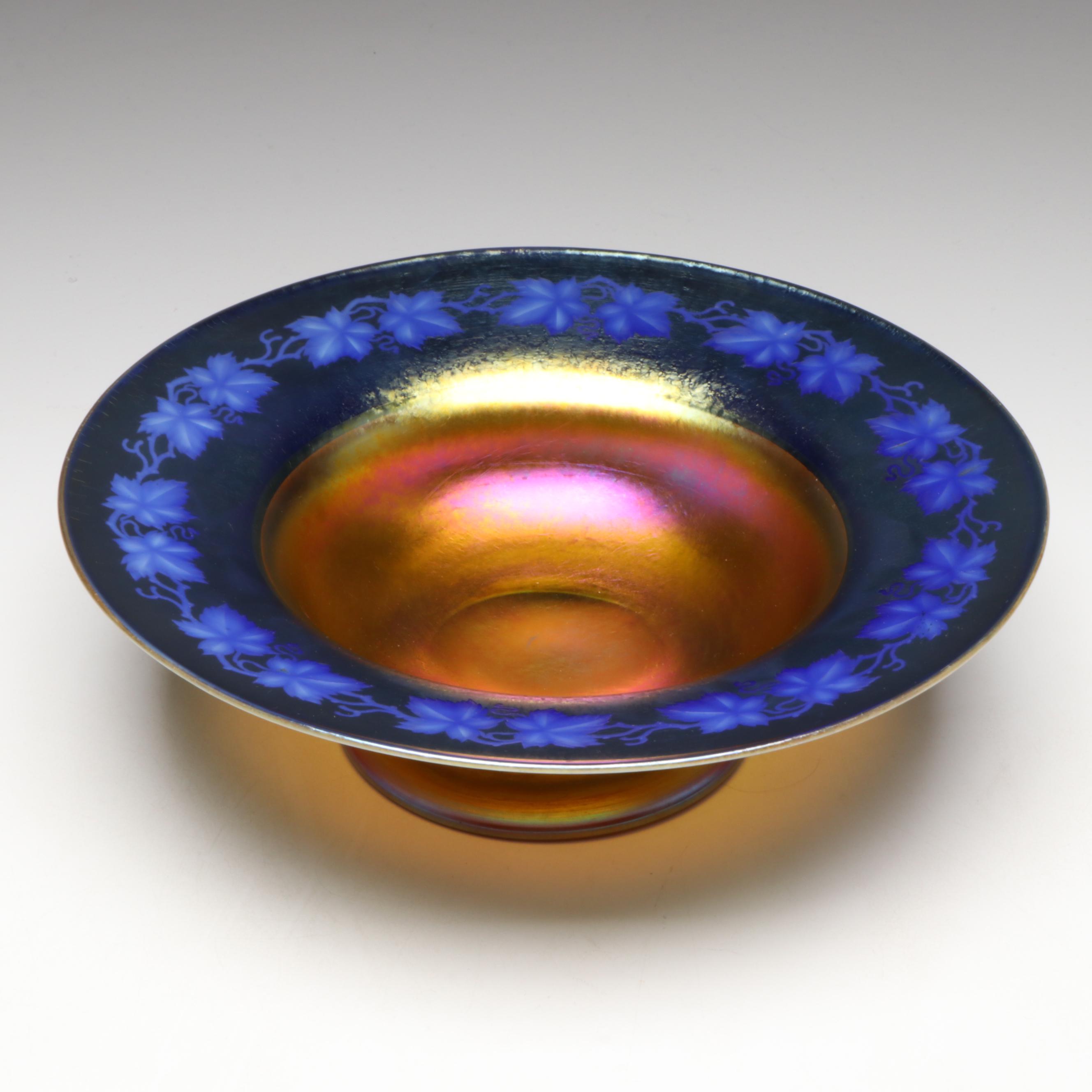 Louis Comfort Tiffany Favrile Art Glass Bowl with Engraved Grapevine on Rim