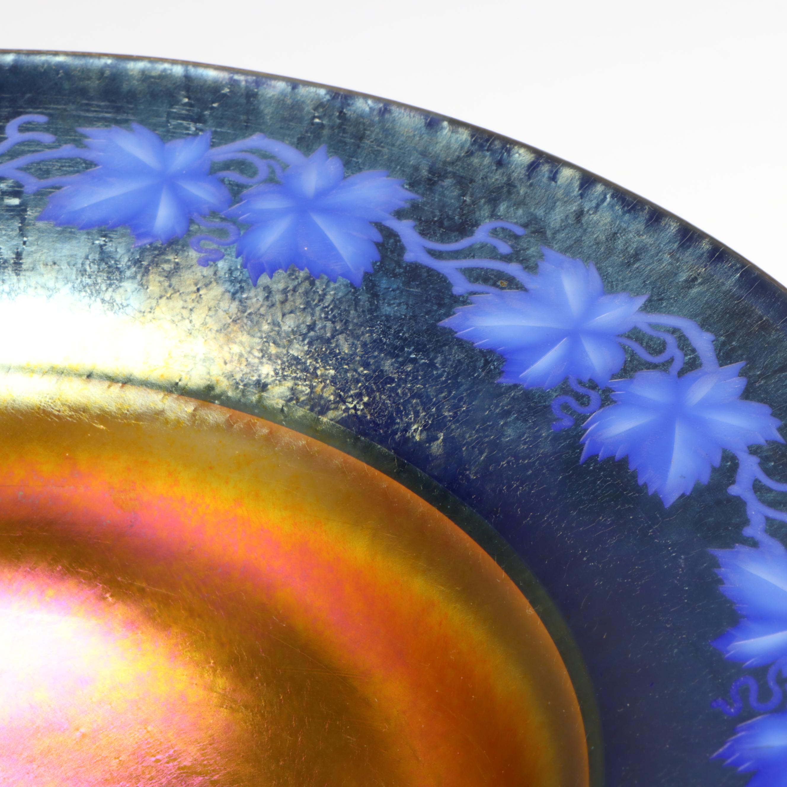 Louis Comfort Tiffany Favrile Art Glass Bowl with Engraved Grapevine on Rim