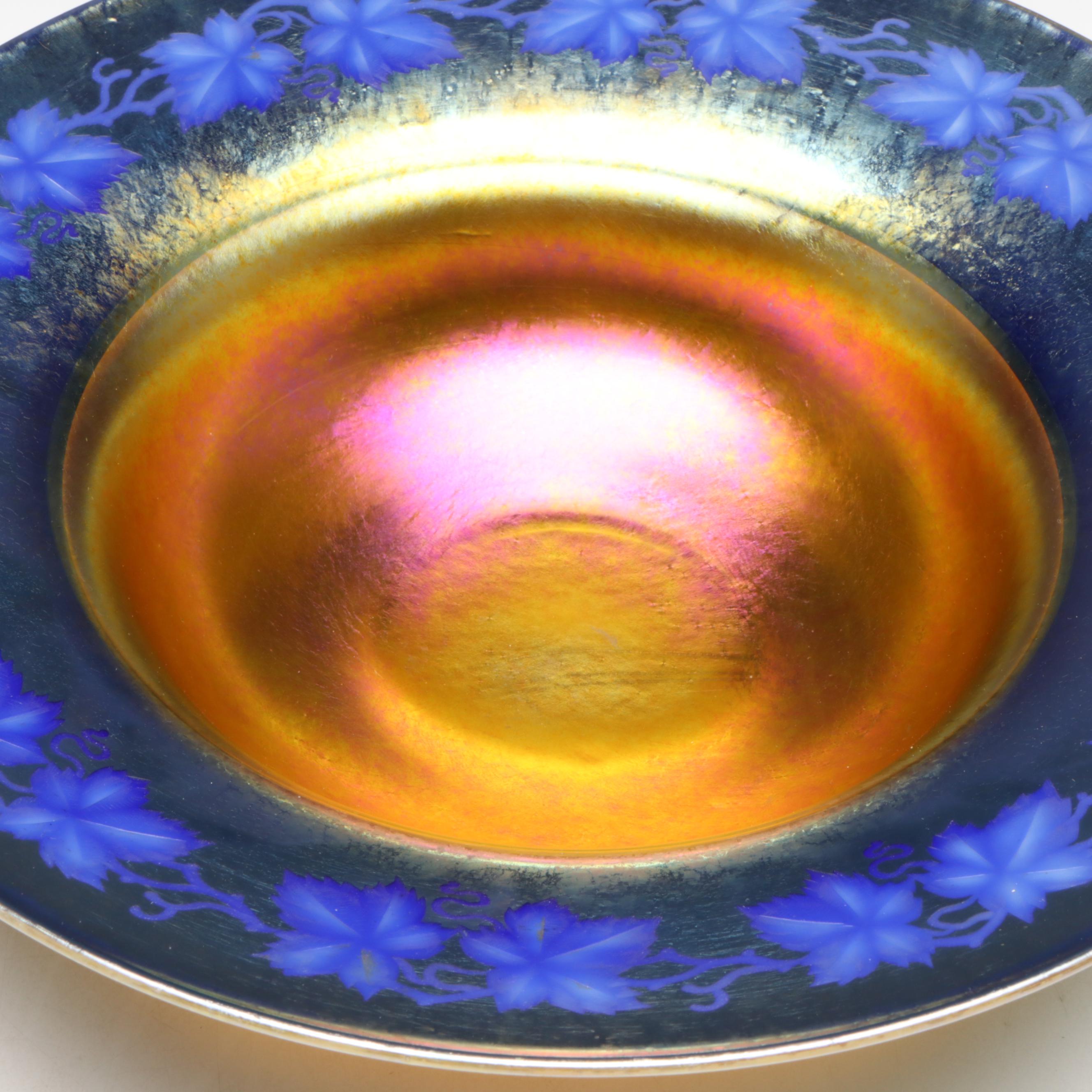 Louis Comfort Tiffany Favrile Art Glass Bowl with Engraved Grapevine on Rim
