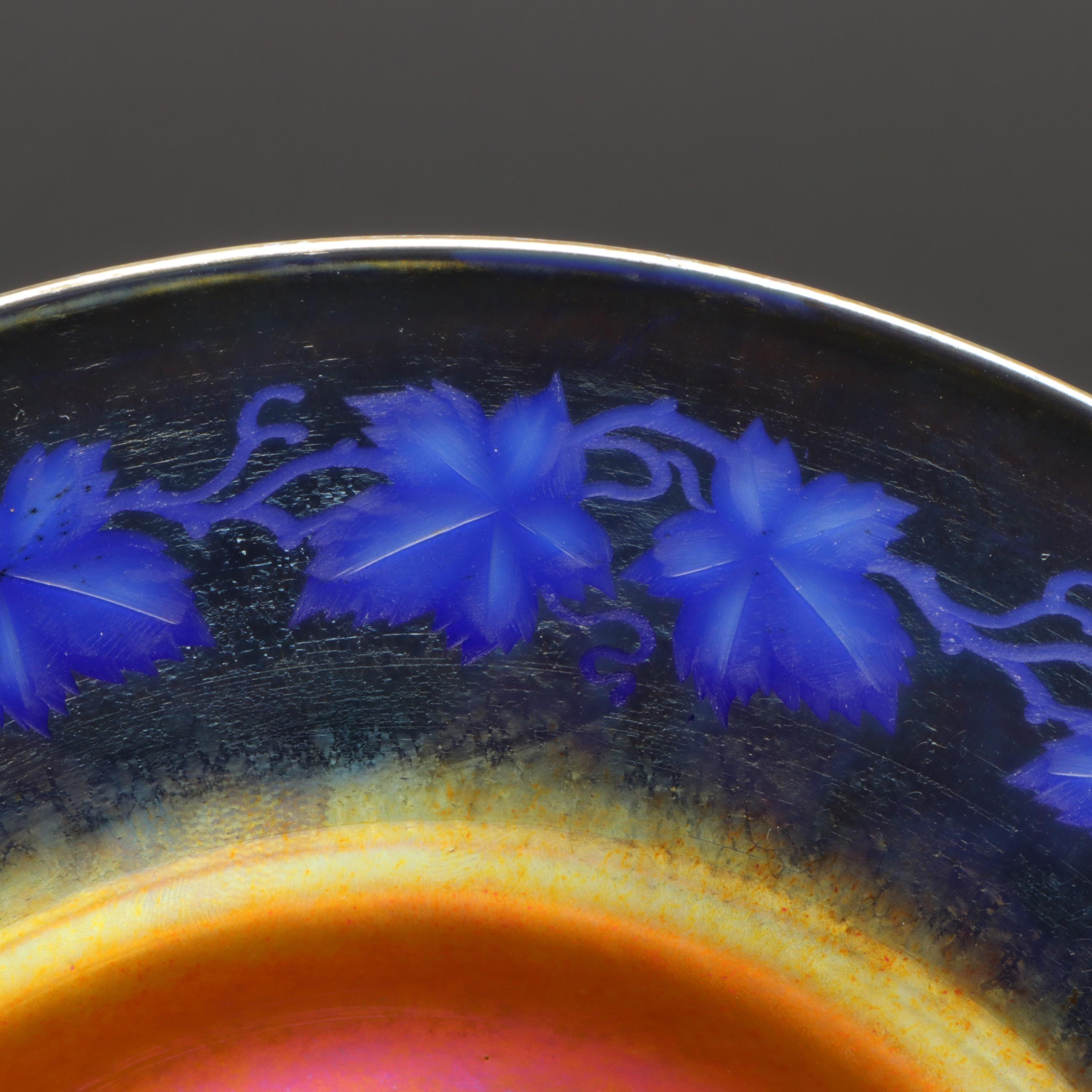 Louis Comfort Tiffany Favrile Art Glass Bowl with Engraved Grapevine on Rim