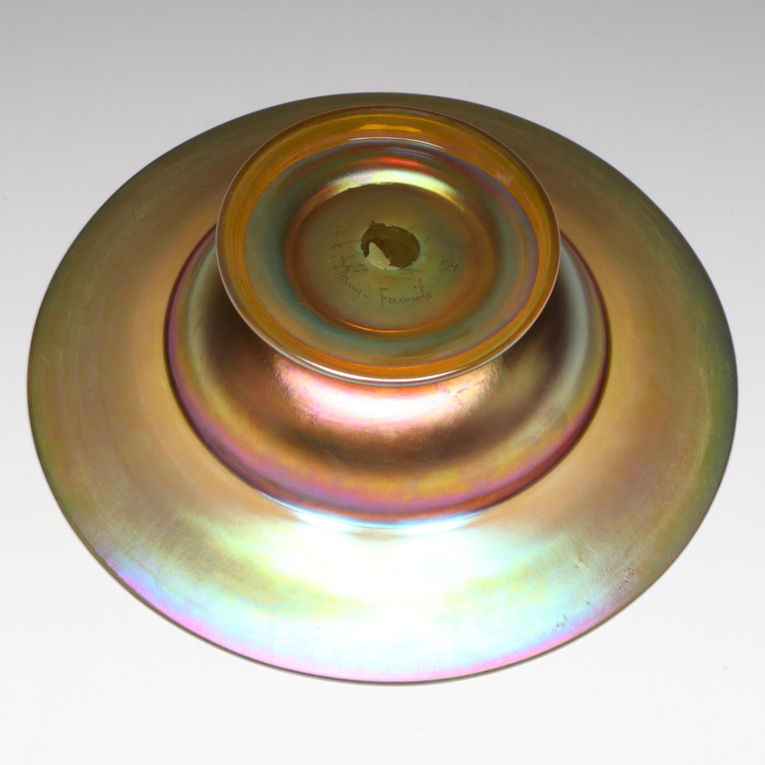 Louis Comfort Tiffany Favrile Art Glass Bowl with Engraved Grapevine on Rim