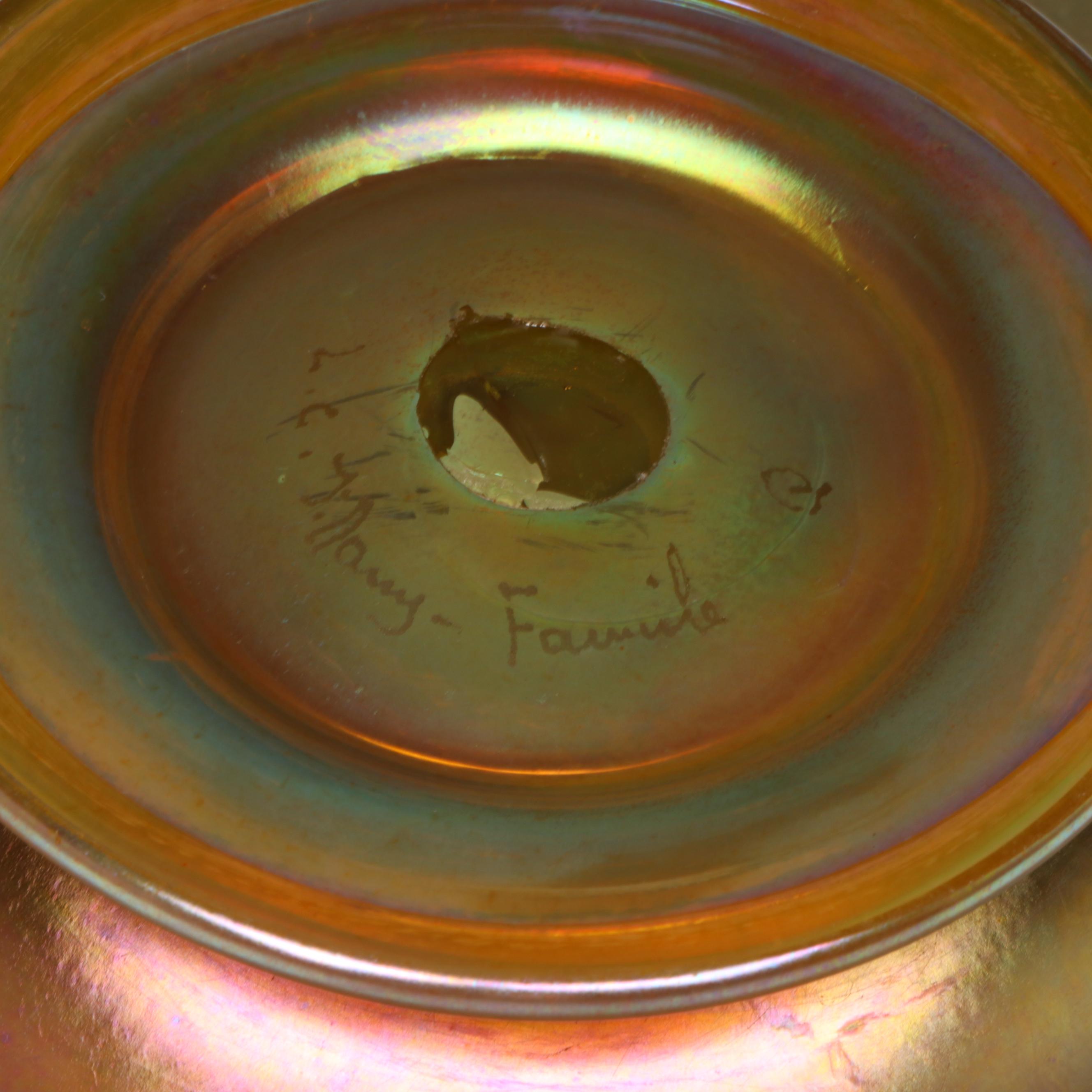 Louis Comfort Tiffany Favrile Art Glass Bowl with Engraved Grapevine on Rim