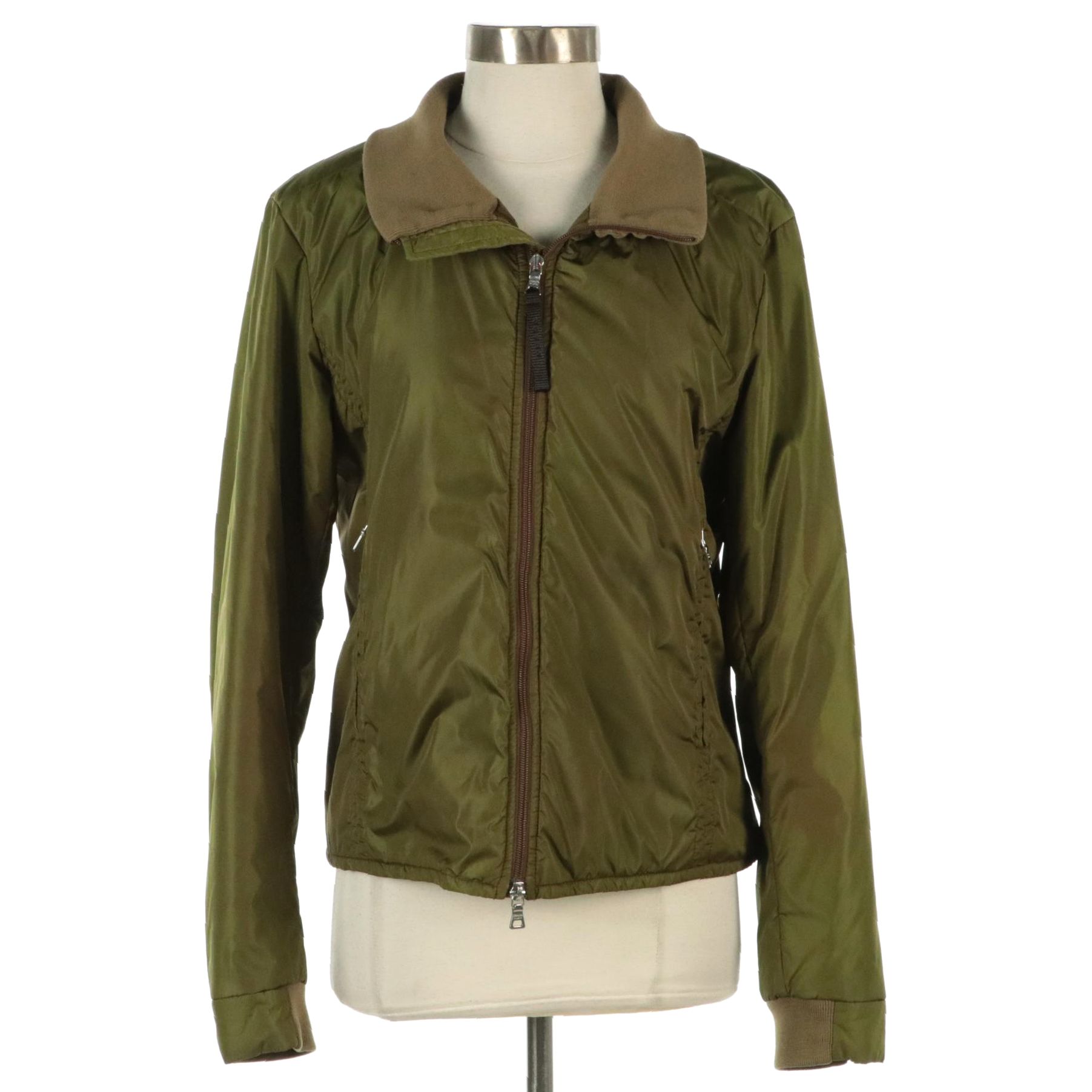 Prada Green Nylon Zip Jacket with Wool Collar and Cuffs