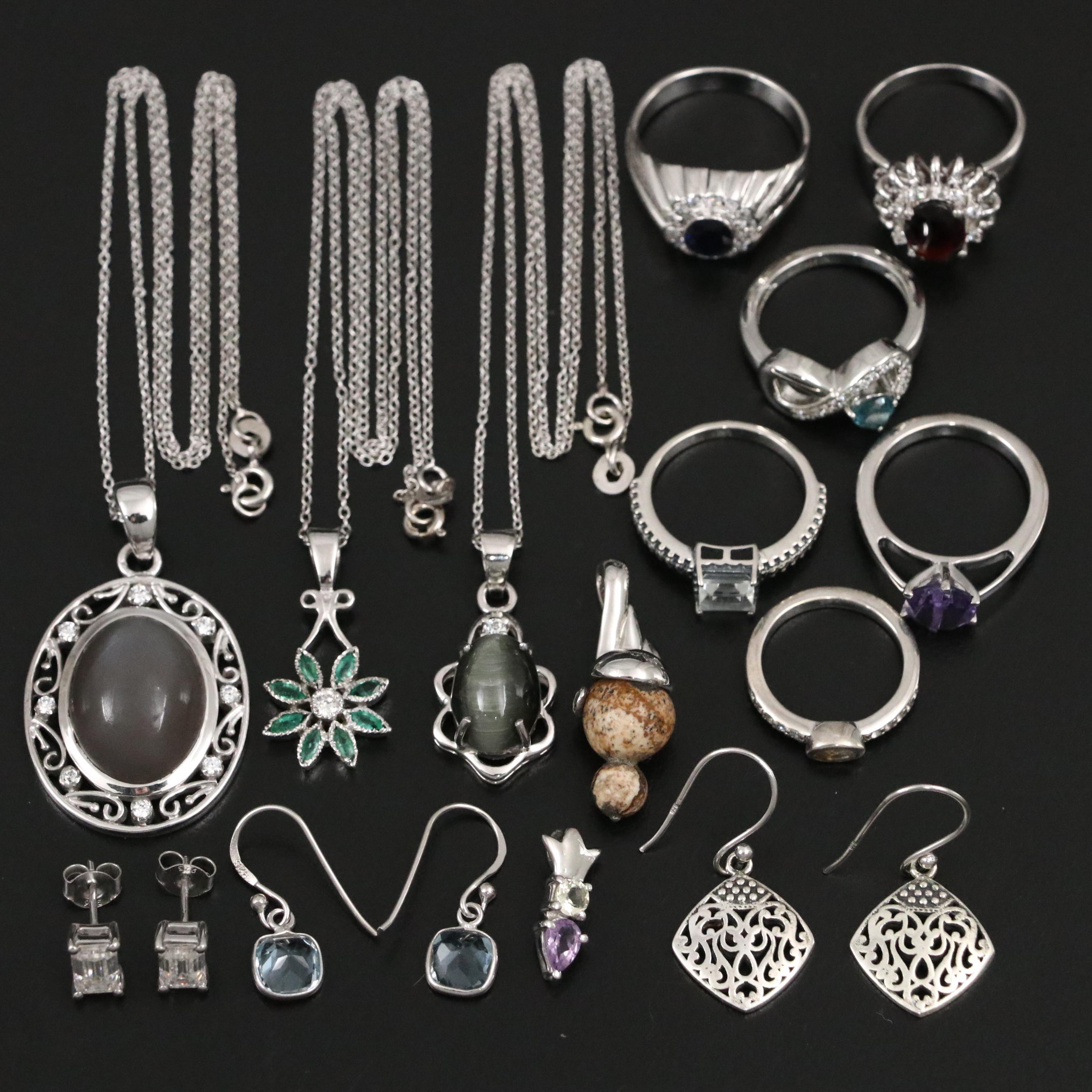 14 Assorted Sterling Silver Rings, Necklaces, Earrings, and Pendants