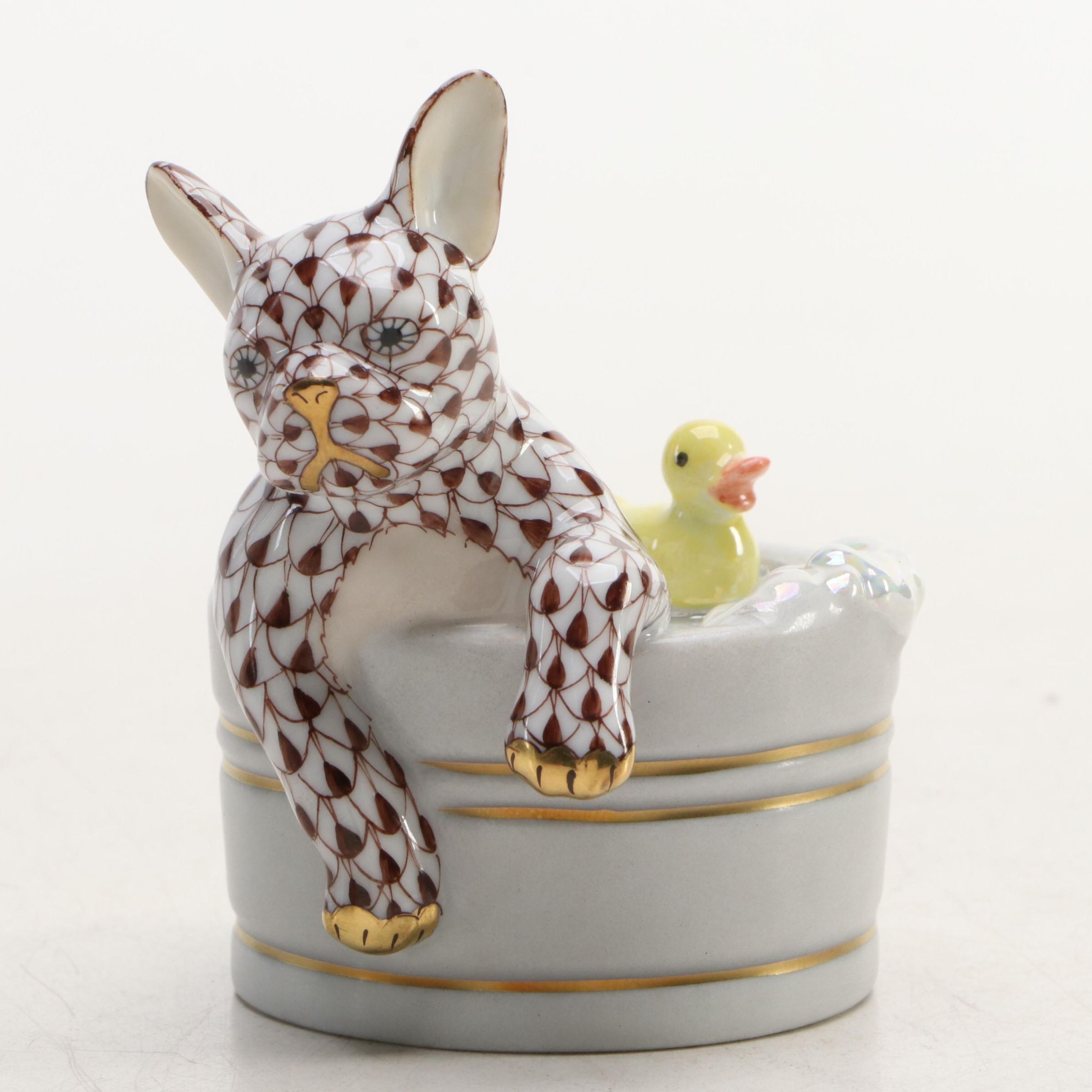 Herend Chocolate Fishnet with Gold "Squeaky Clean" Porcelain Figurine