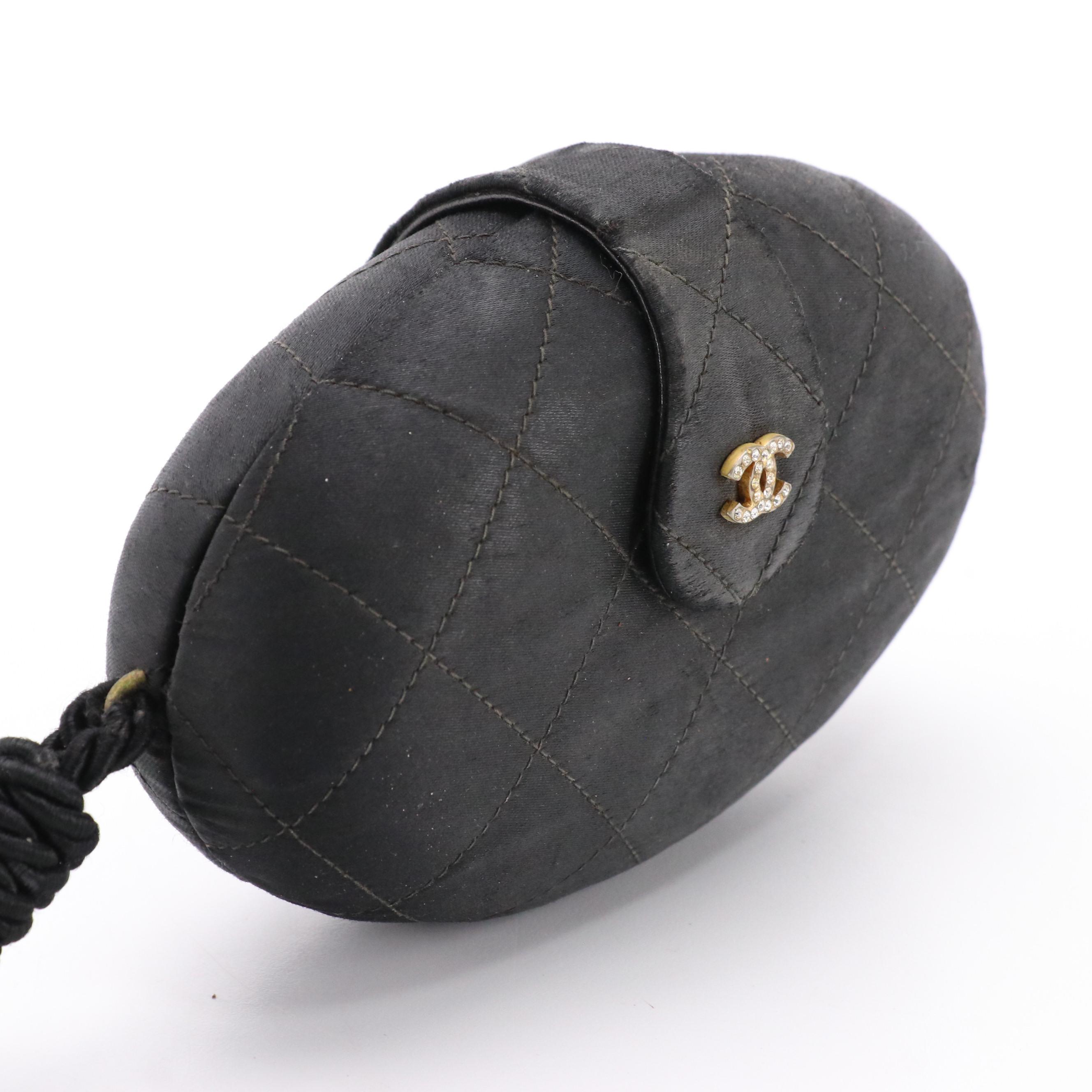 Chanel Rhinestone CC Quilted Satin Clamshell Clutch with Tassel, 1980s