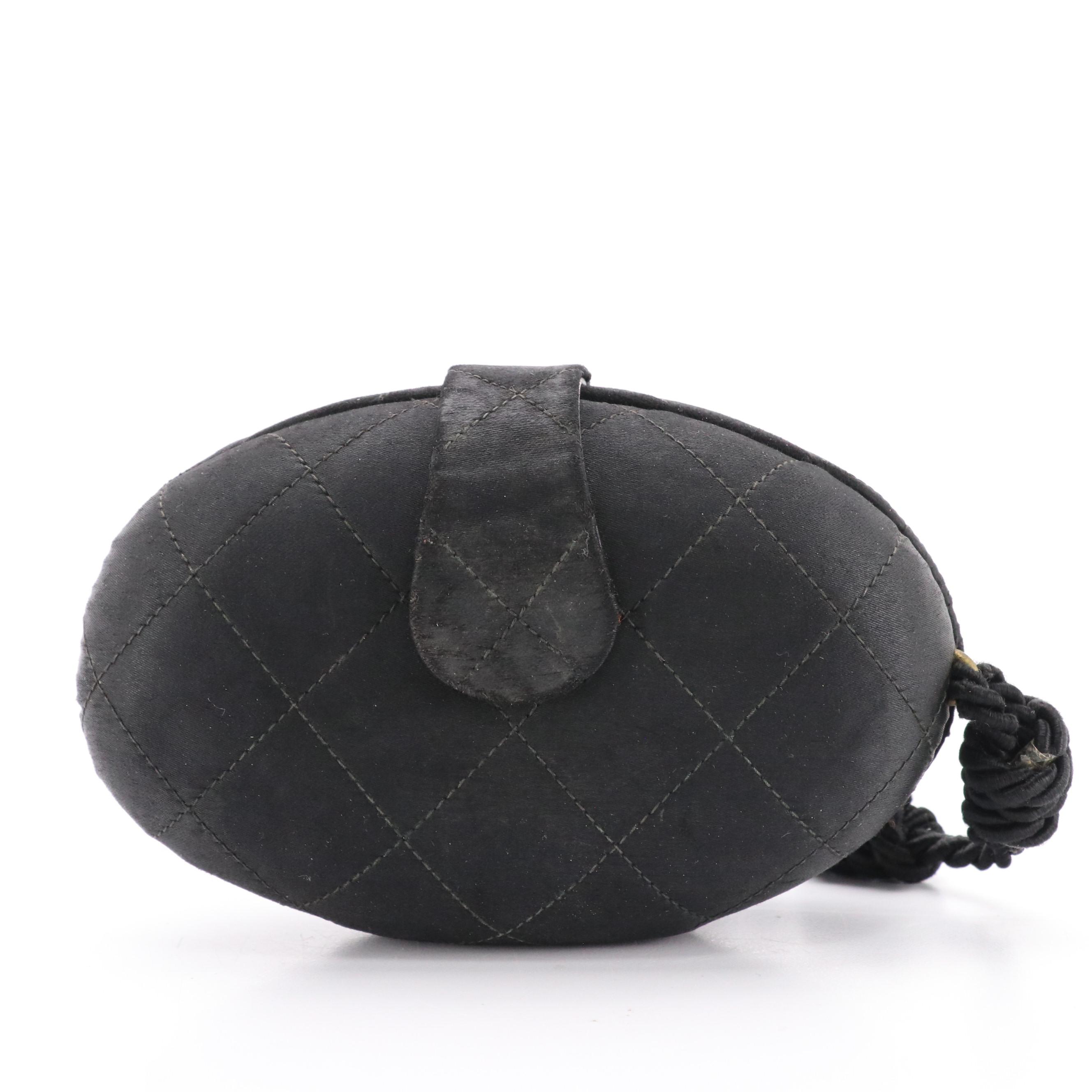 Chanel Rhinestone CC Quilted Satin Clamshell Clutch with Tassel, 1980s