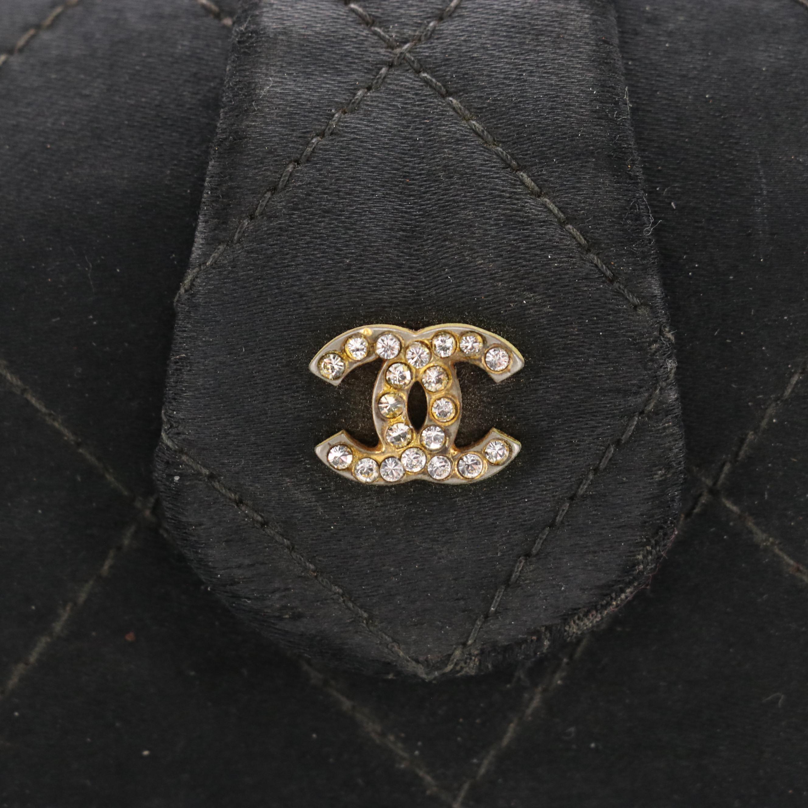 Chanel Rhinestone CC Quilted Satin Clamshell Clutch with Tassel, 1980s