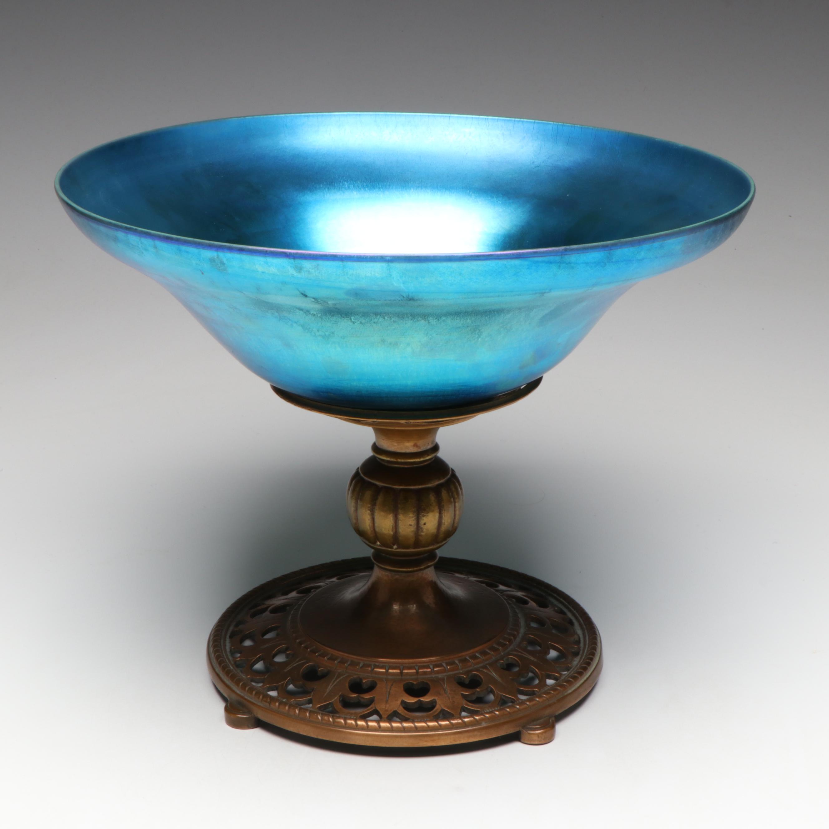 Louis Comfort Tiffany Favrile Art Glass Bowl on Oscar Bach Patinated Brass Base