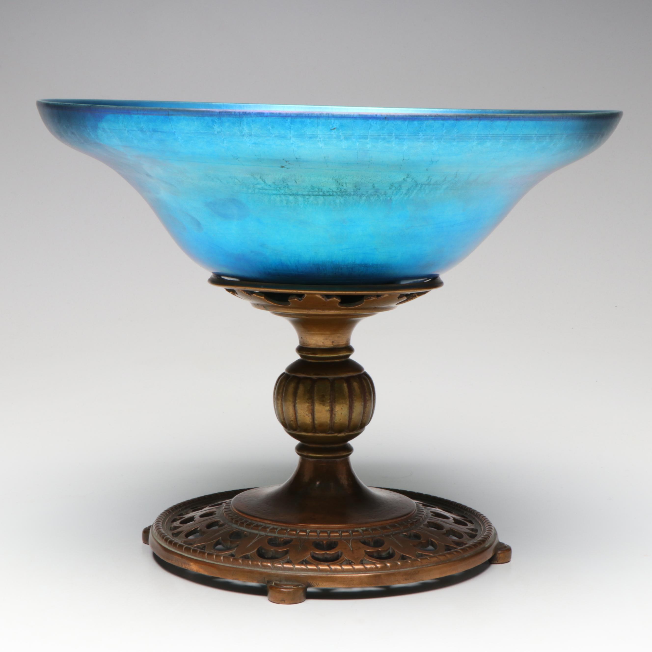 Louis Comfort Tiffany Favrile Art Glass Bowl on Oscar Bach Patinated Brass Base
