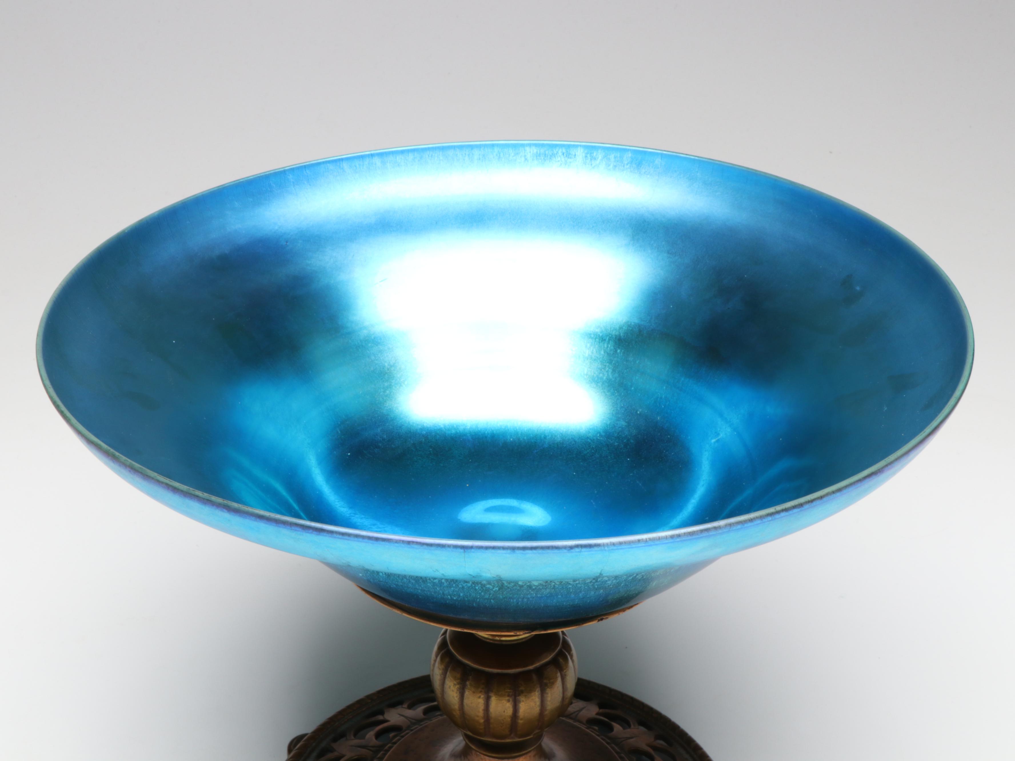 Louis Comfort Tiffany Favrile Art Glass Bowl on Oscar Bach Patinated Brass Base