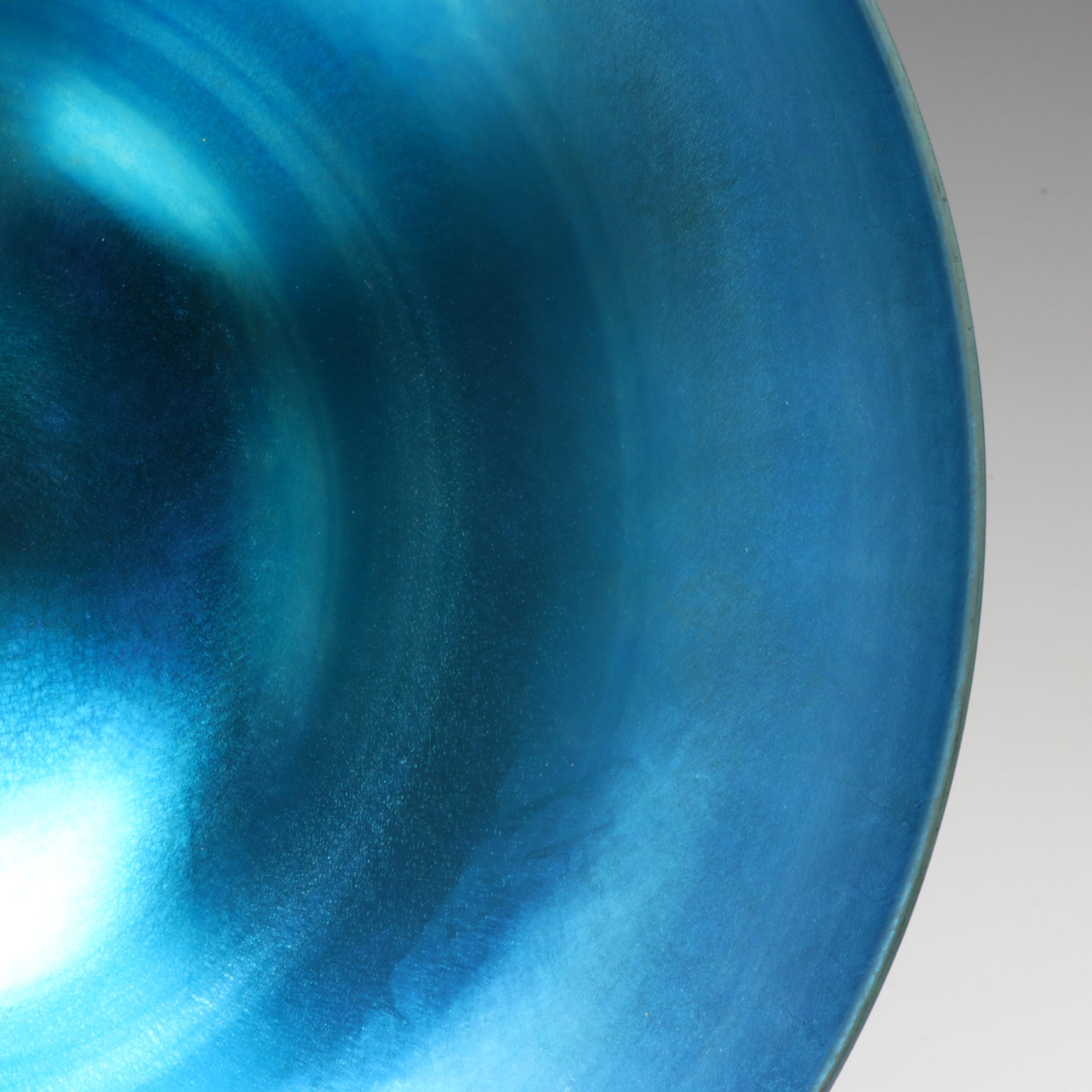 Louis Comfort Tiffany Favrile Art Glass Bowl on Oscar Bach Patinated Brass Base