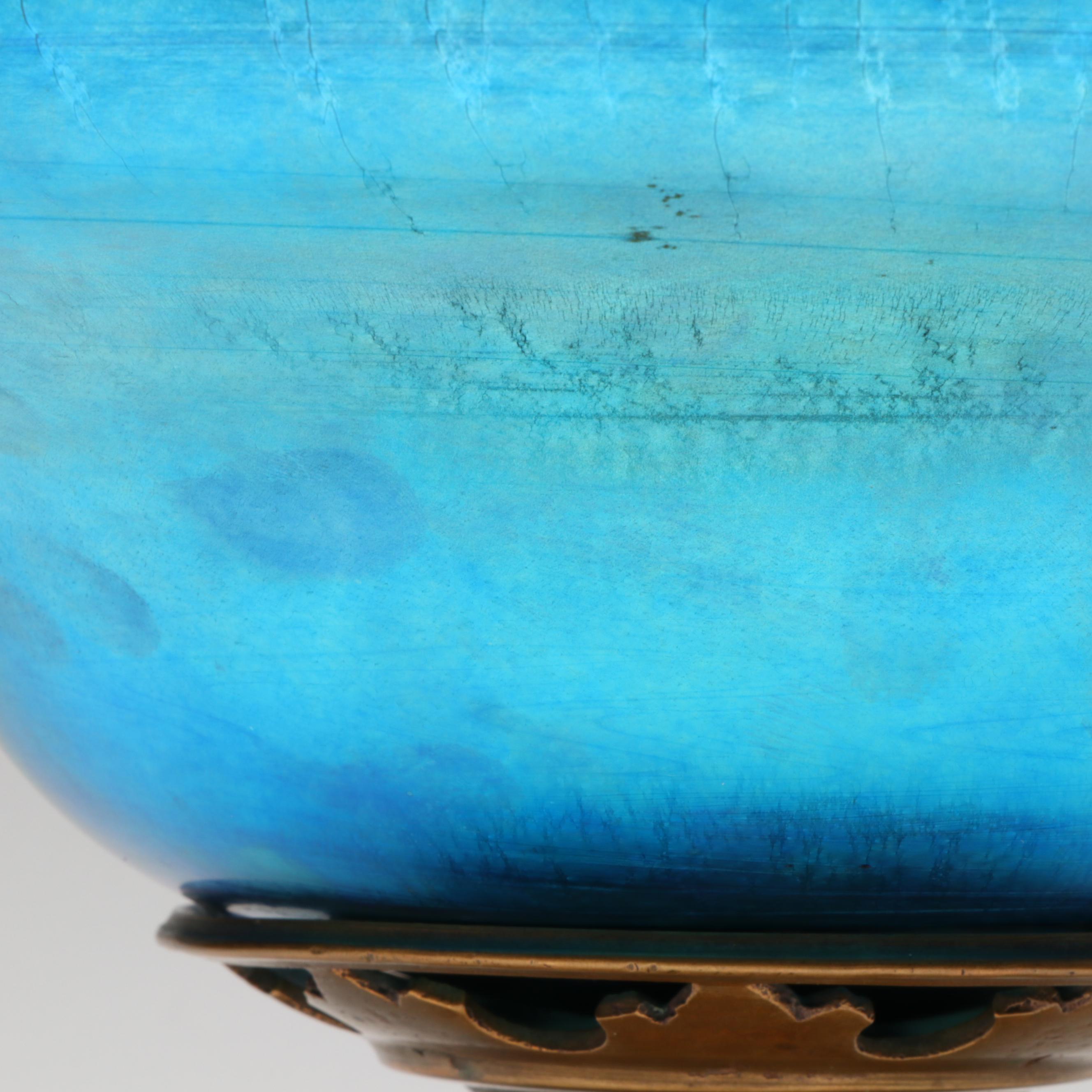 Louis Comfort Tiffany Favrile Art Glass Bowl on Oscar Bach Patinated Brass Base