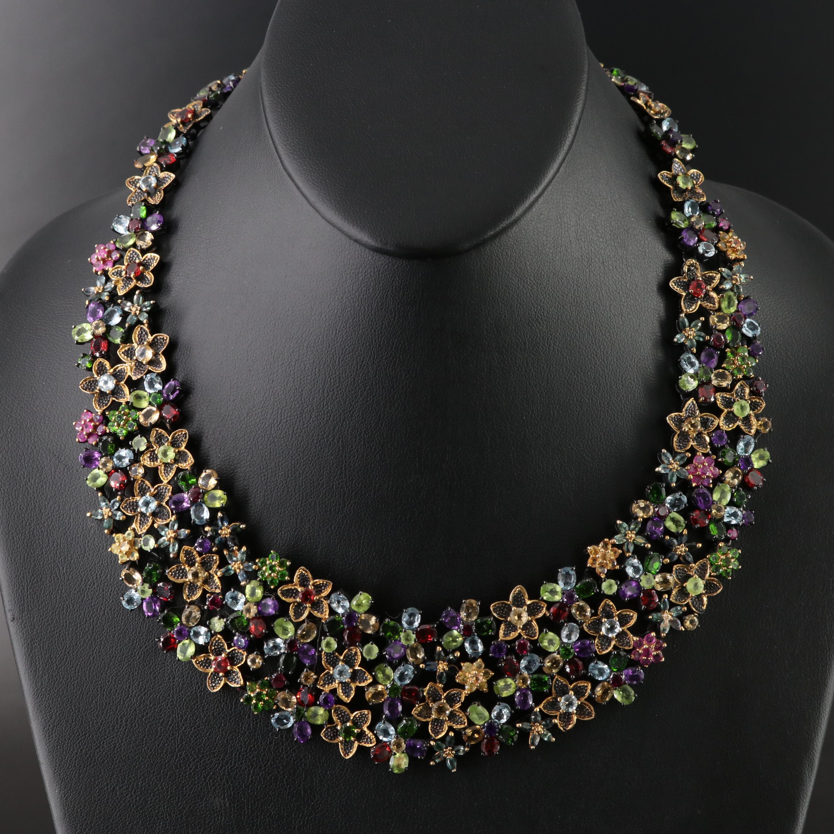 Sterling Gemstone Floral Bib Necklace