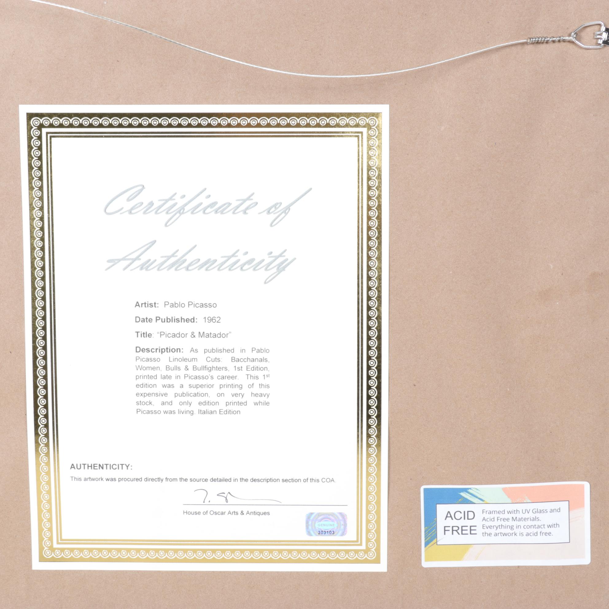 Pablo Picasso Linocut "Picador & Matador," 1962