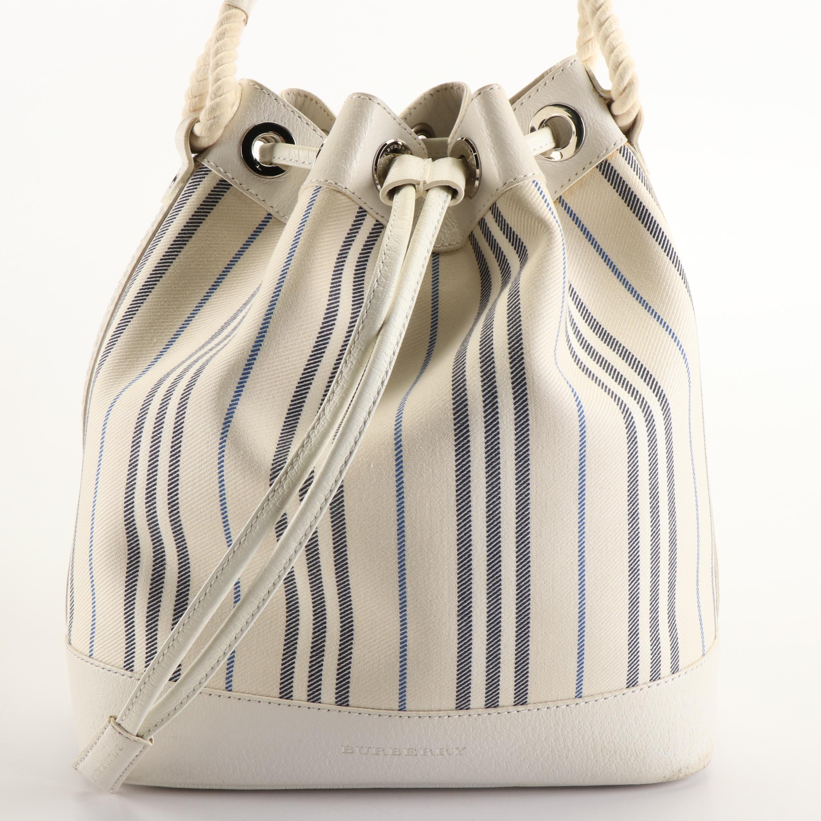 Burberry Drawstring Bucket Bag in White Canvas and Leather