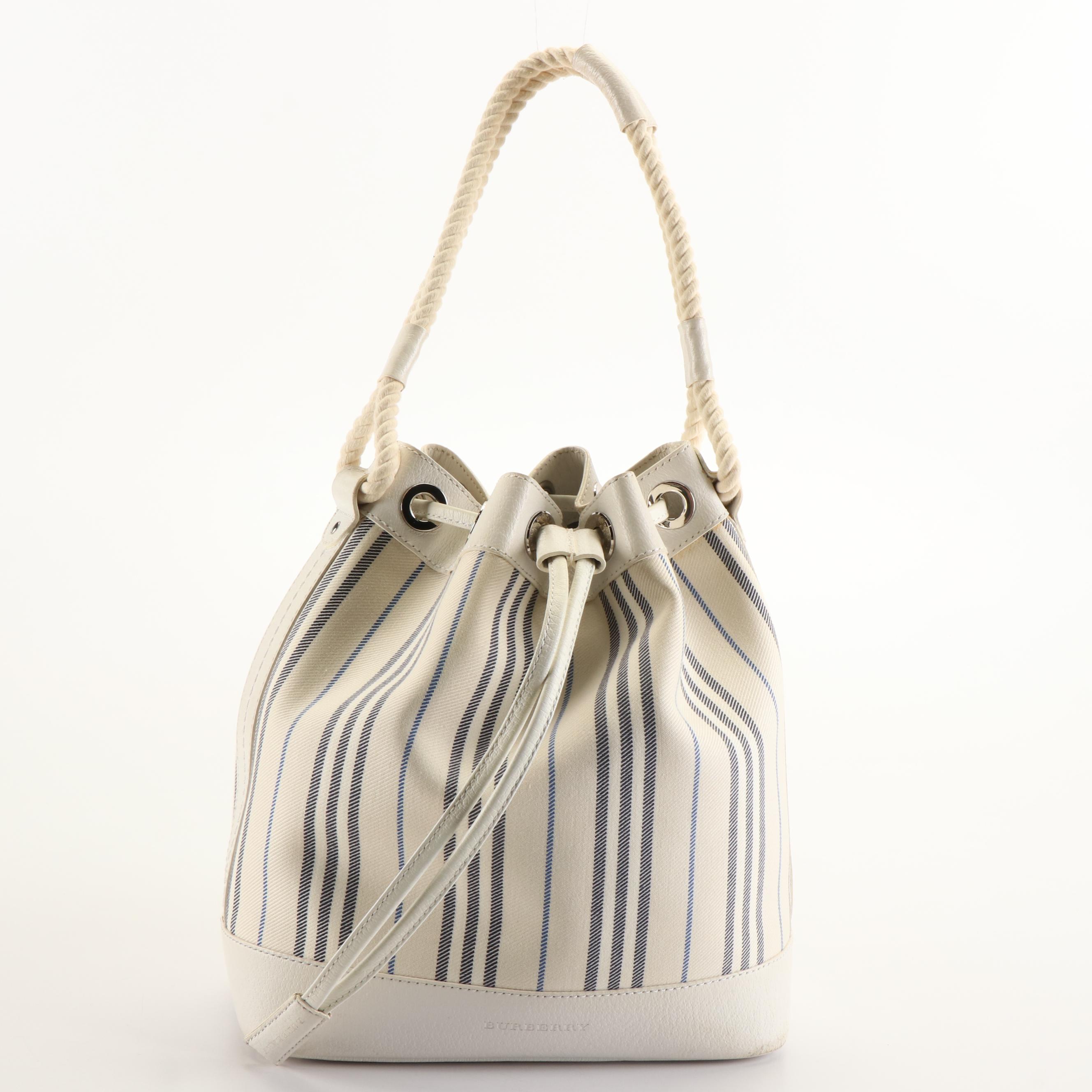 Burberry Drawstring Bucket Bag in White Canvas and Leather
