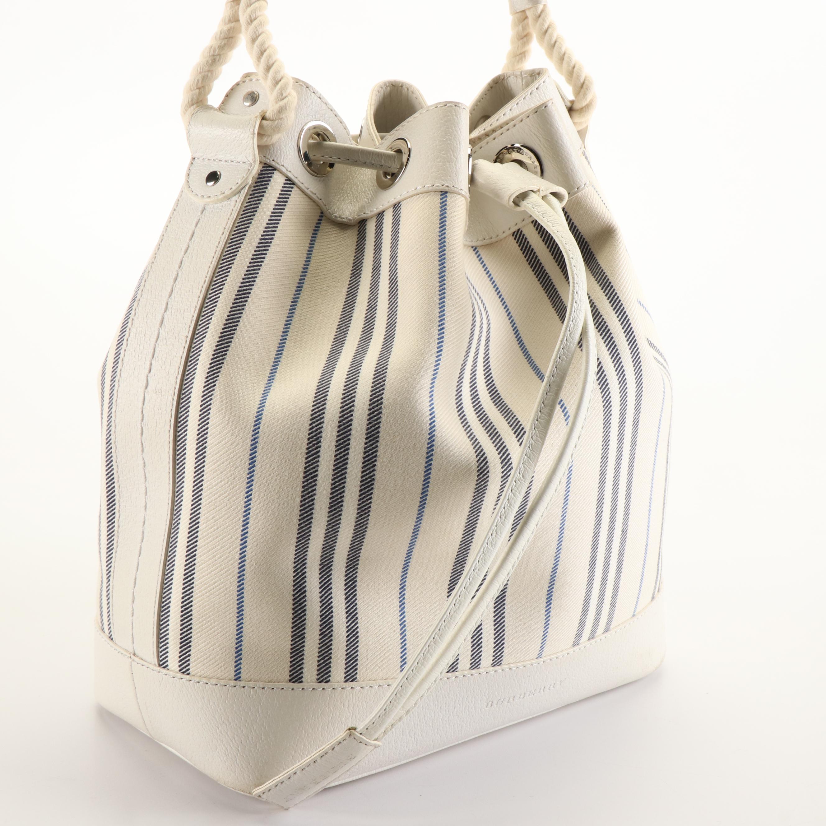 Burberry Drawstring Bucket Bag in White Canvas and Leather