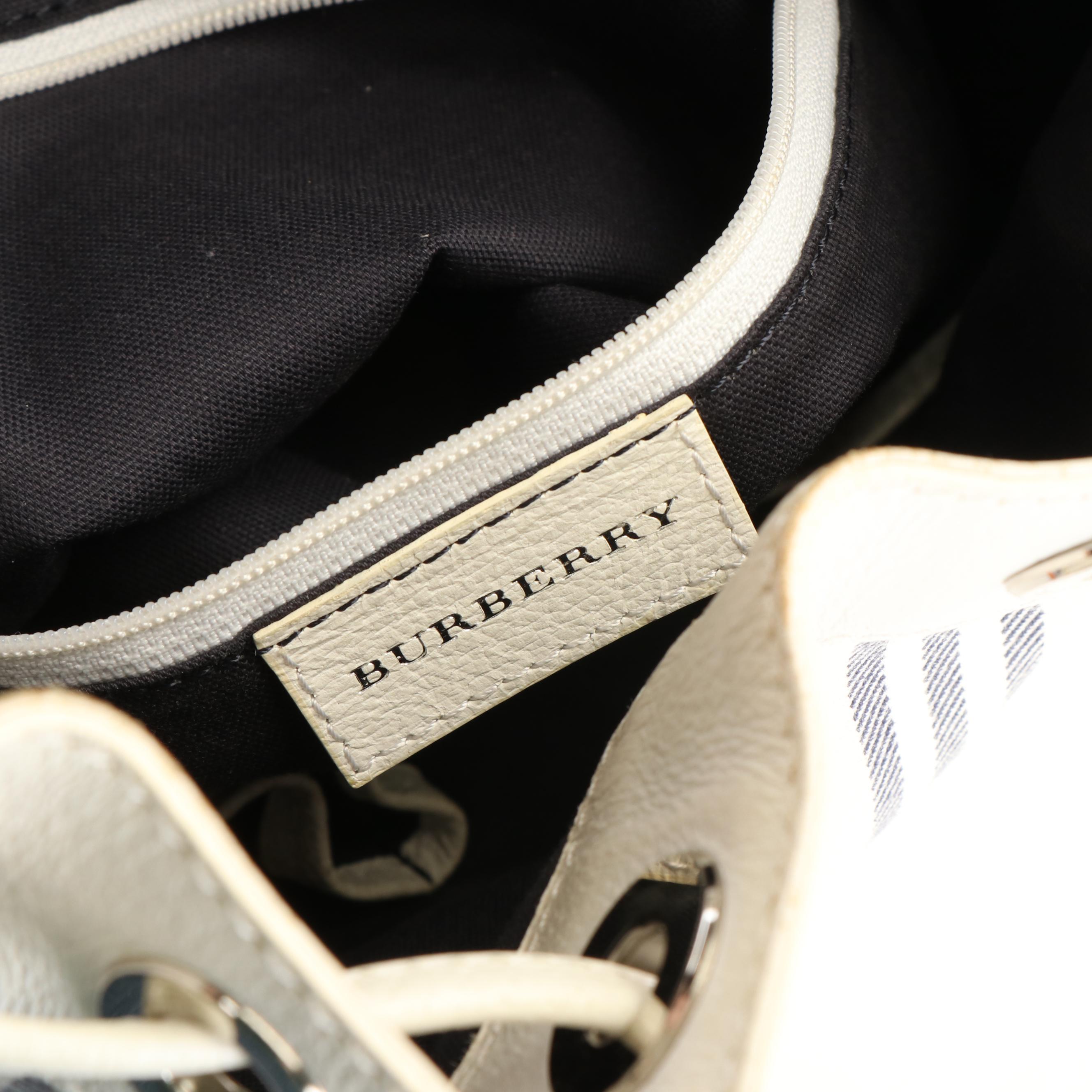 Burberry Drawstring Bucket Bag in White Canvas and Leather