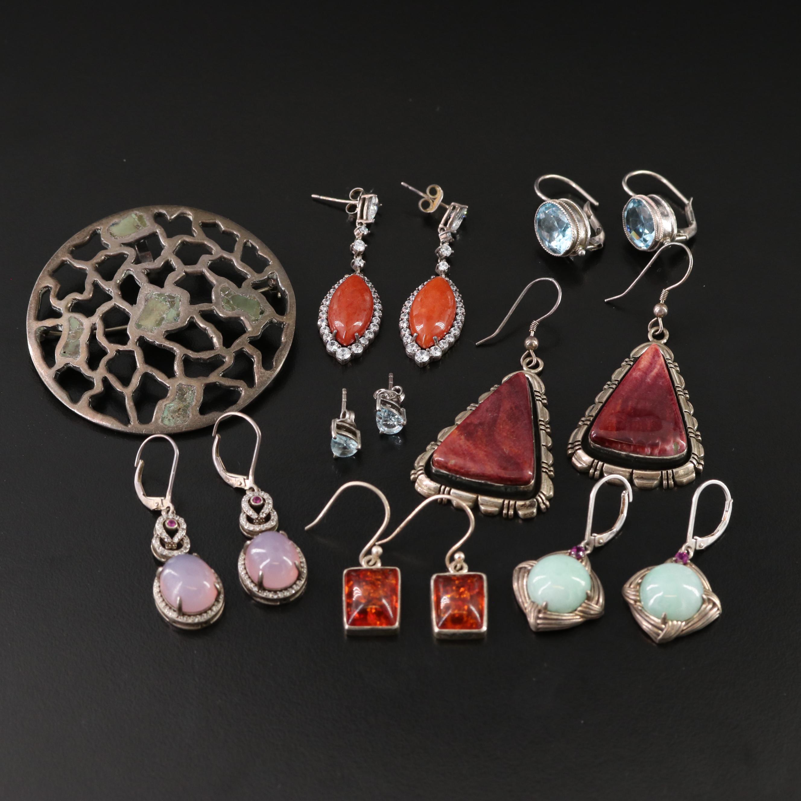 Sterling Earring Collection with Amber, CZ and Taxco Mexican Brooch