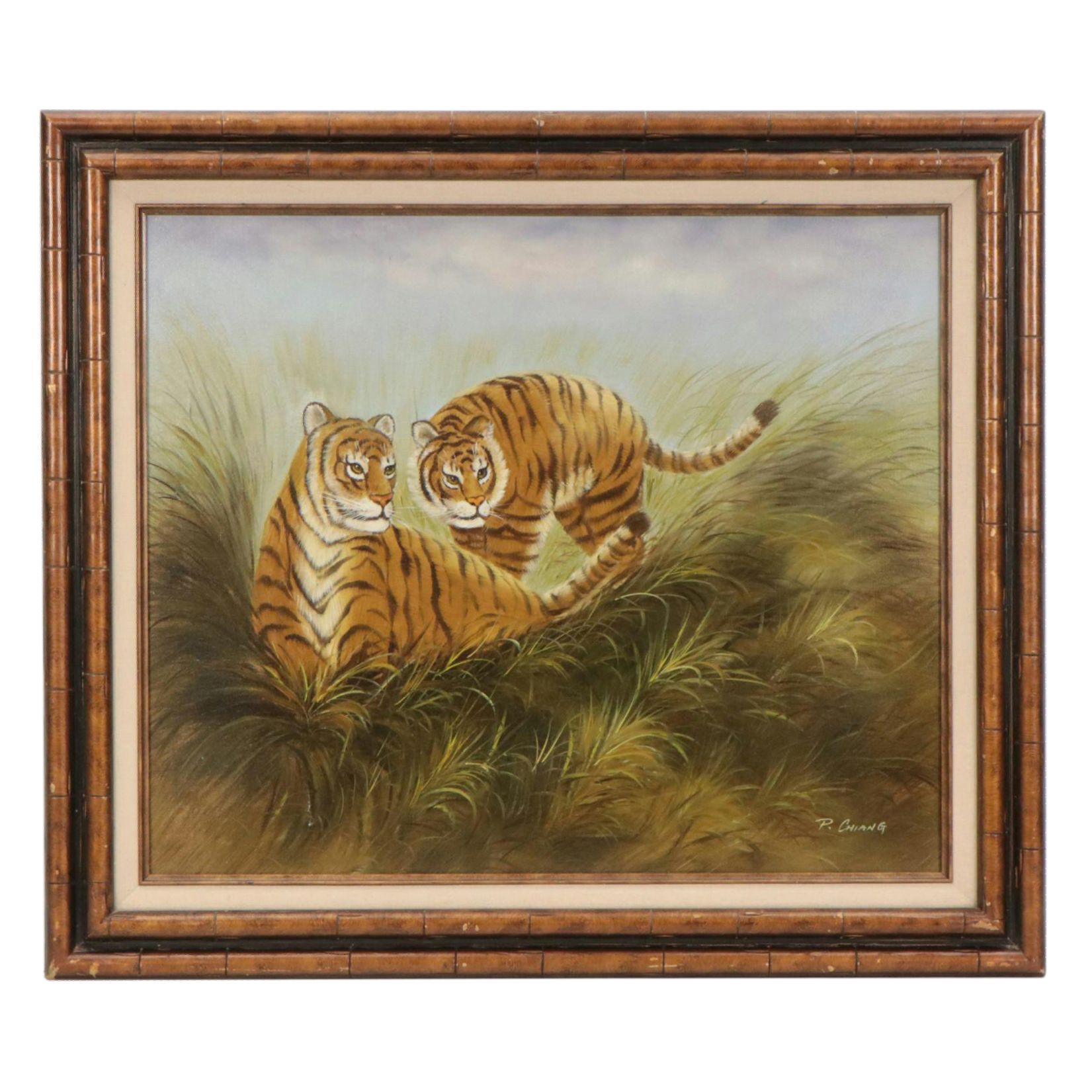 P. Chiang Oil Painting of Two Tigers in Landscape