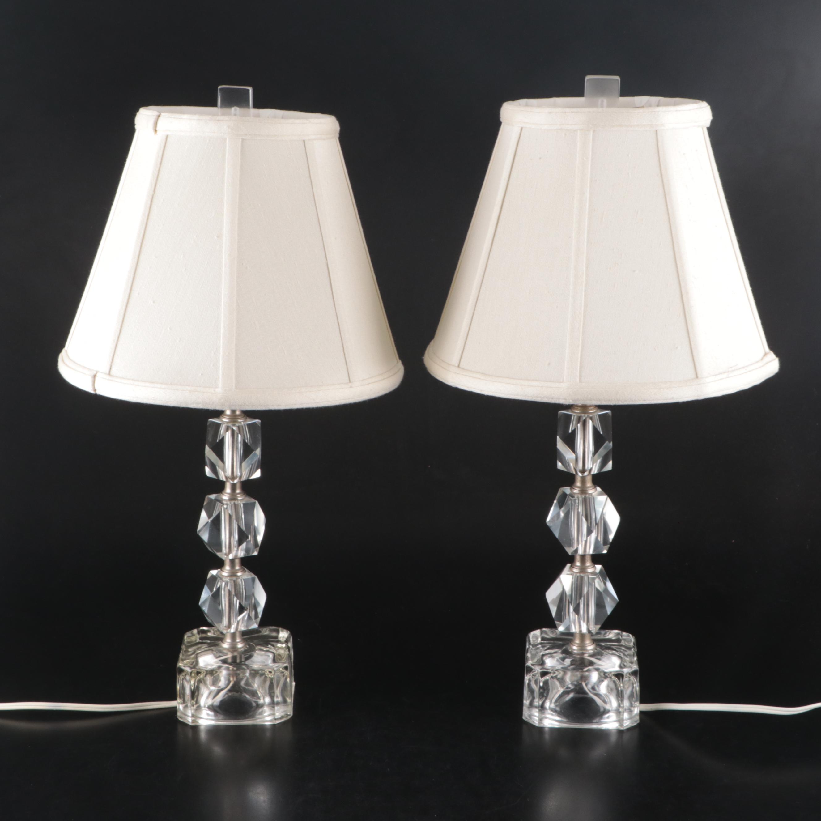 Pair of Stacked Crystal Table Lamps with Silk Shades, Late 20th Century