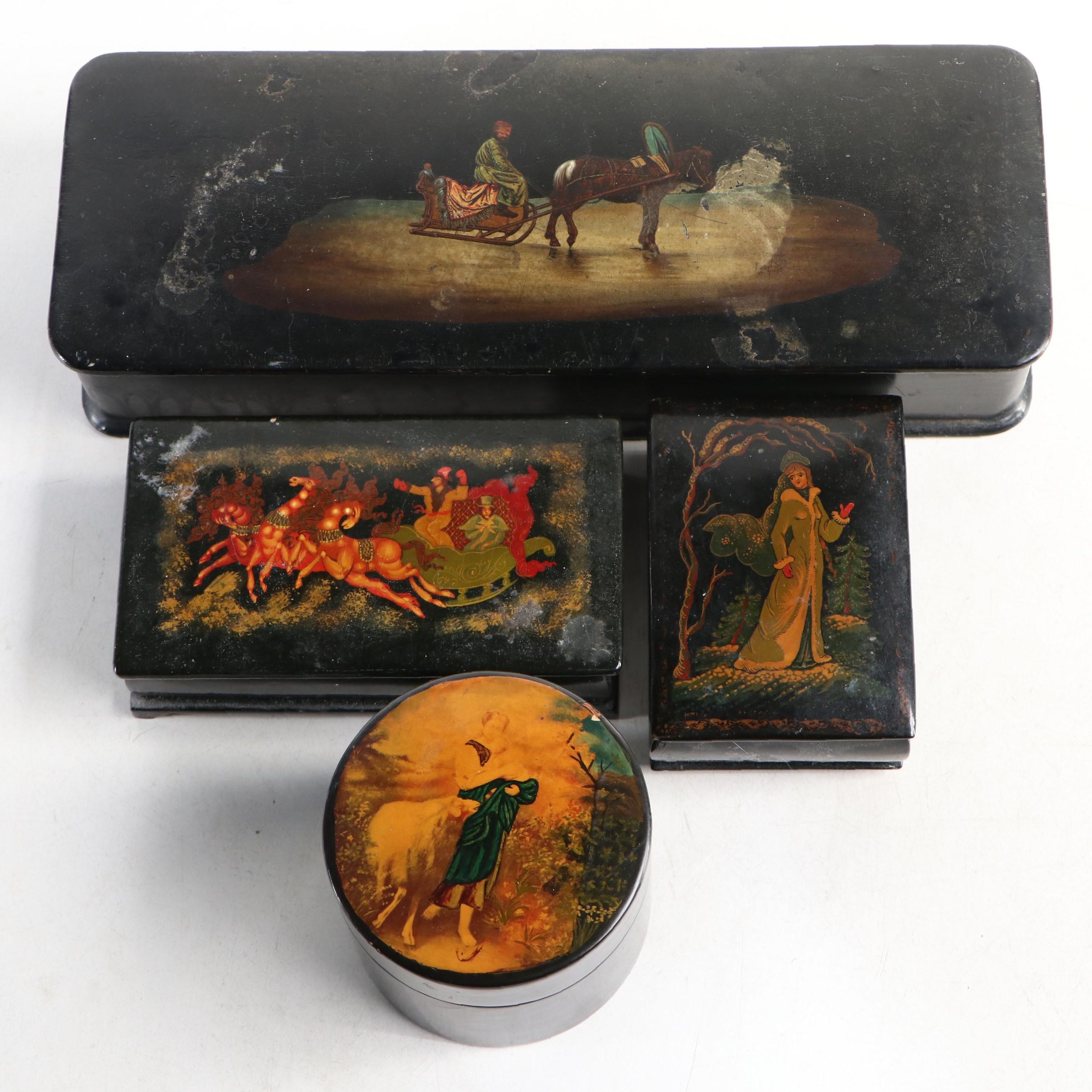 Russian Hand-Painted Lacquered Wooden Boxes