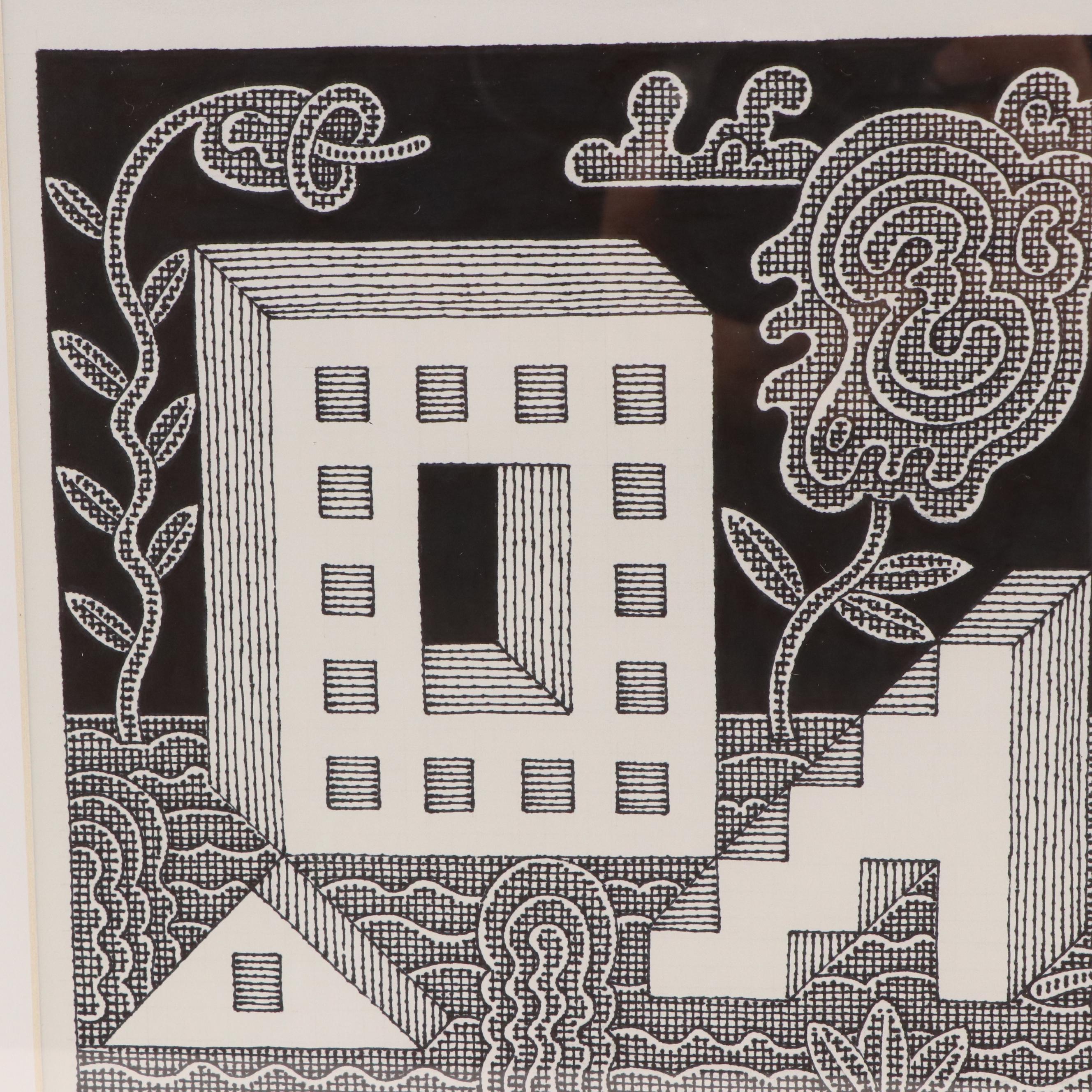 Jerry Quinton Kellems Architectural Surrealist Ink Drawing, 2006