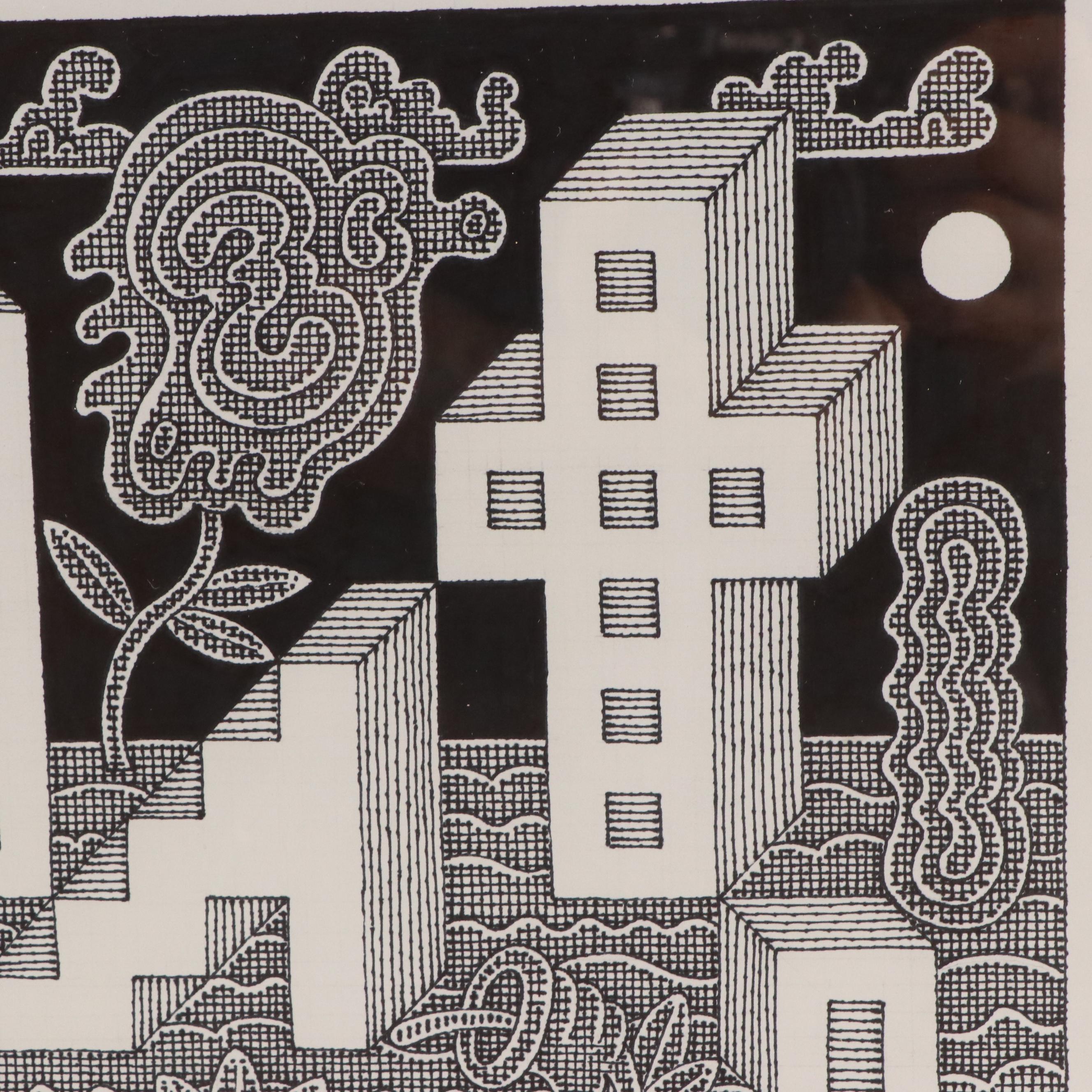 Jerry Quinton Kellems Architectural Surrealist Ink Drawing, 2006