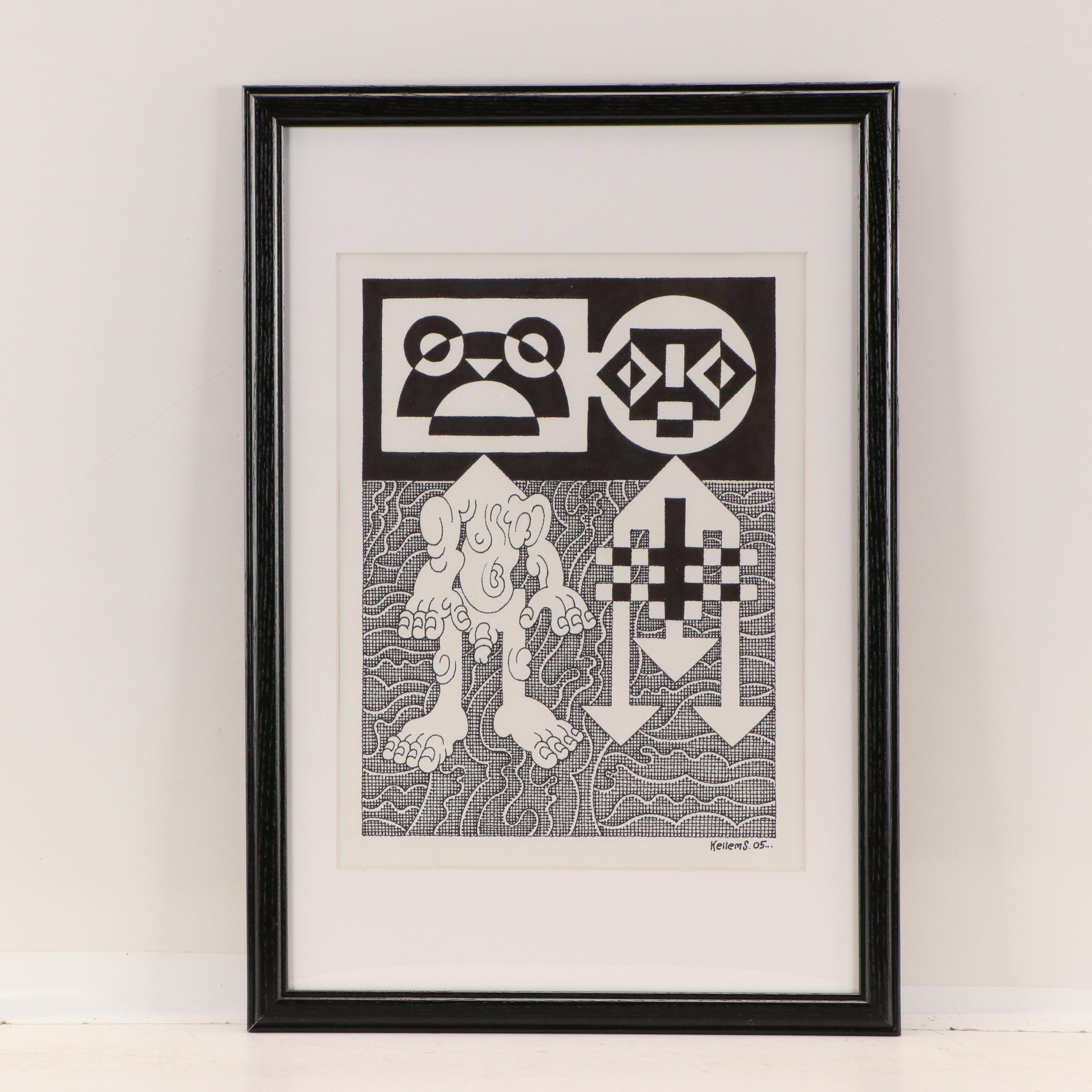 Jerry Quinton Kellems Figural Surrealist Ink Drawing, 2005