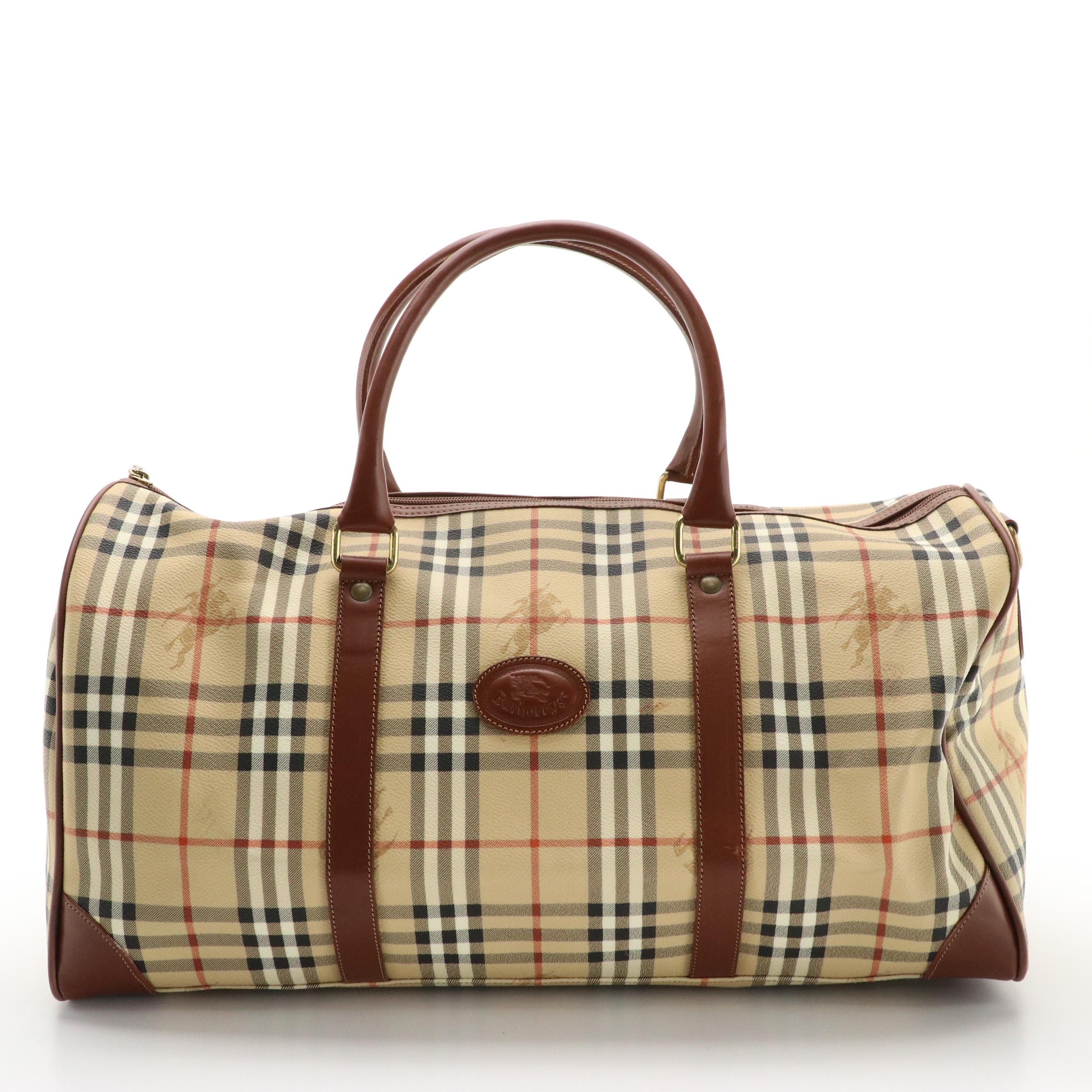 Burberrys Two-Way Travel Duffel Bag in Haymarket Check Coated Canvas and Leather