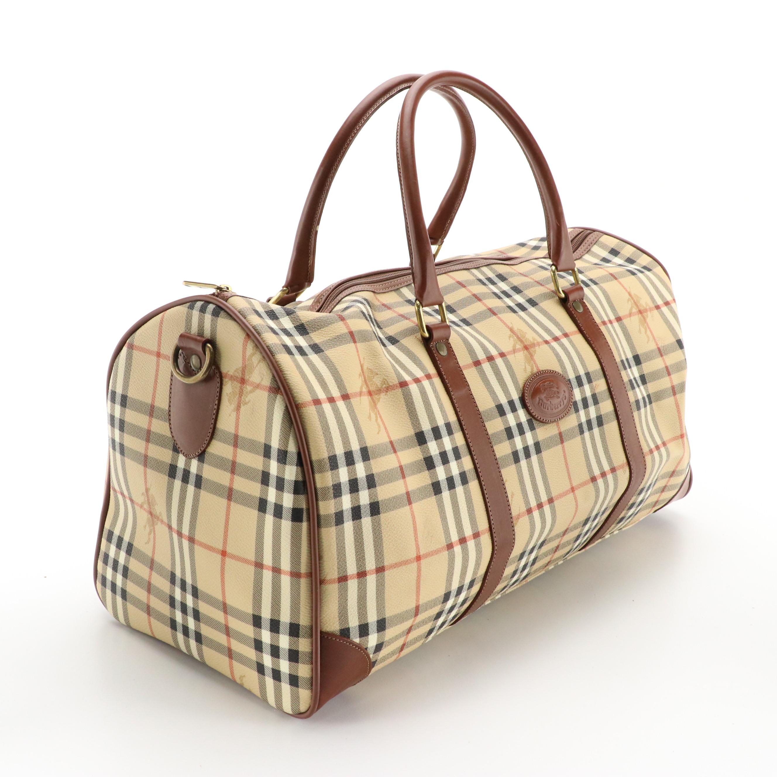 Burberrys Two-Way Travel Duffel Bag in Haymarket Check Coated Canvas and Leather