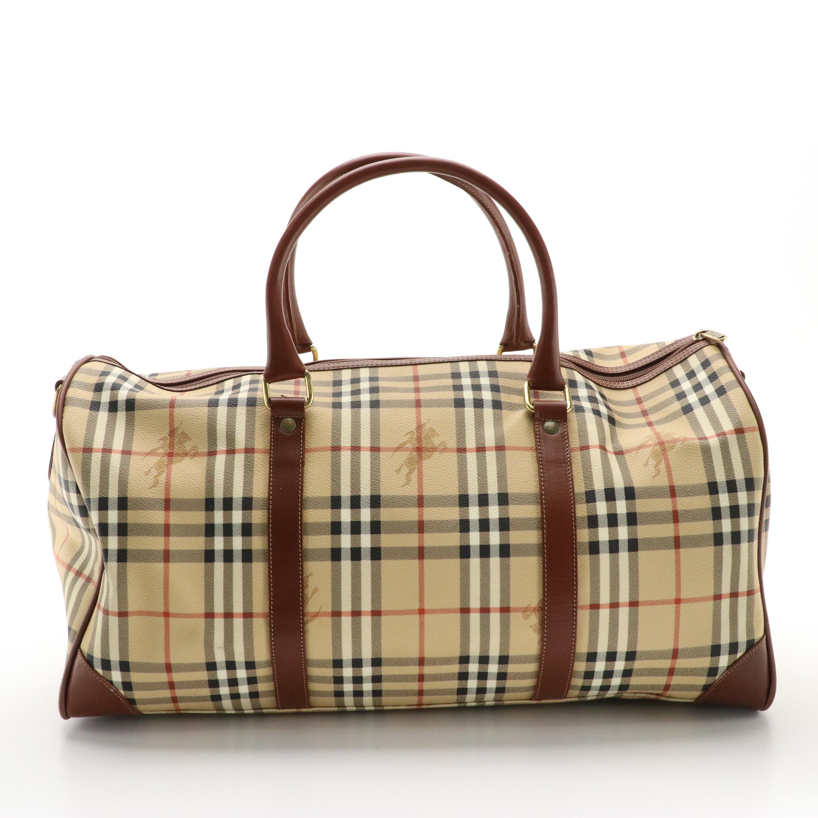 Burberrys Two-Way Travel Duffel Bag in Haymarket Check Coated Canvas and Leather