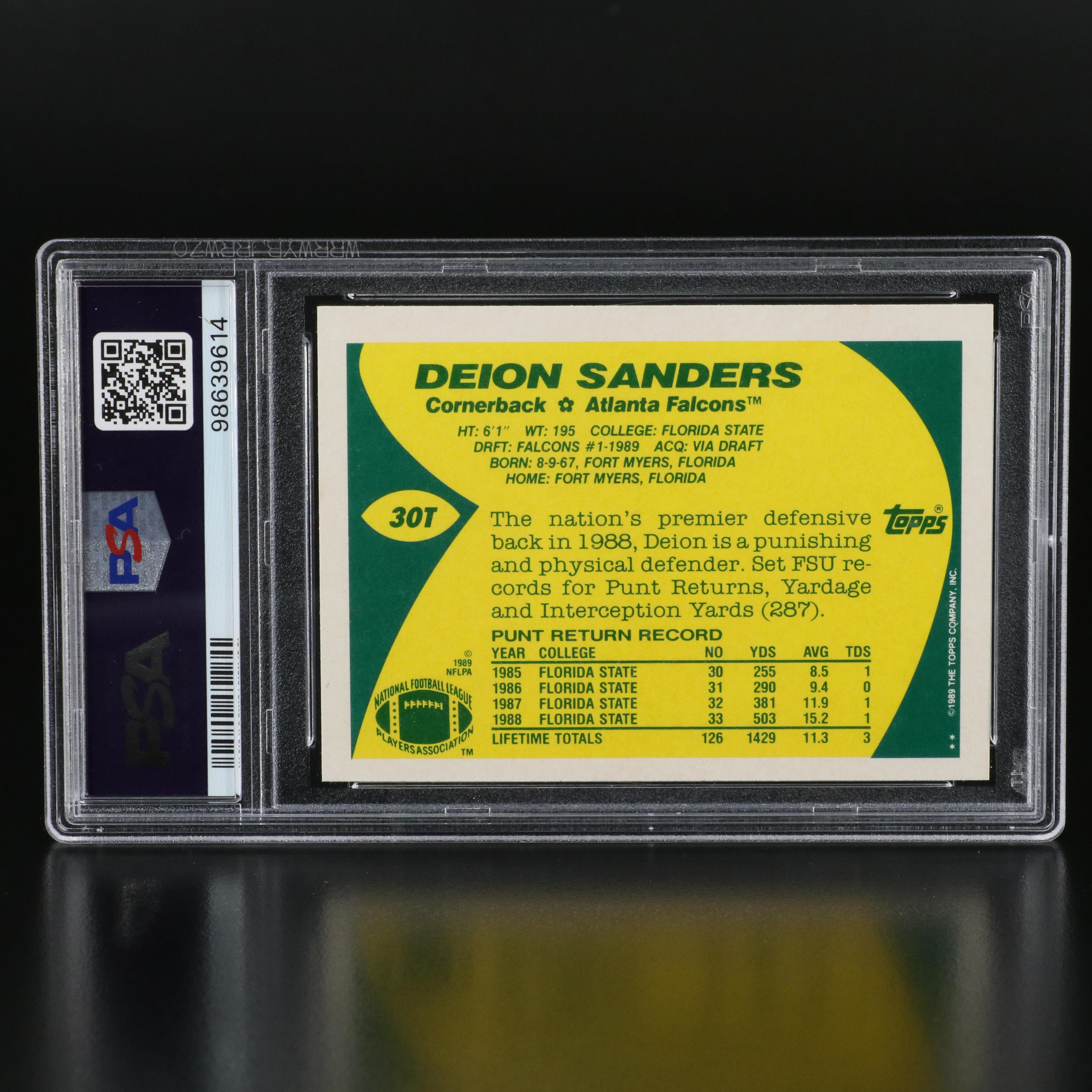 1989 Topps Traded Deion Sanders Atlanta Falcons Rookie Card Graded PSA 10