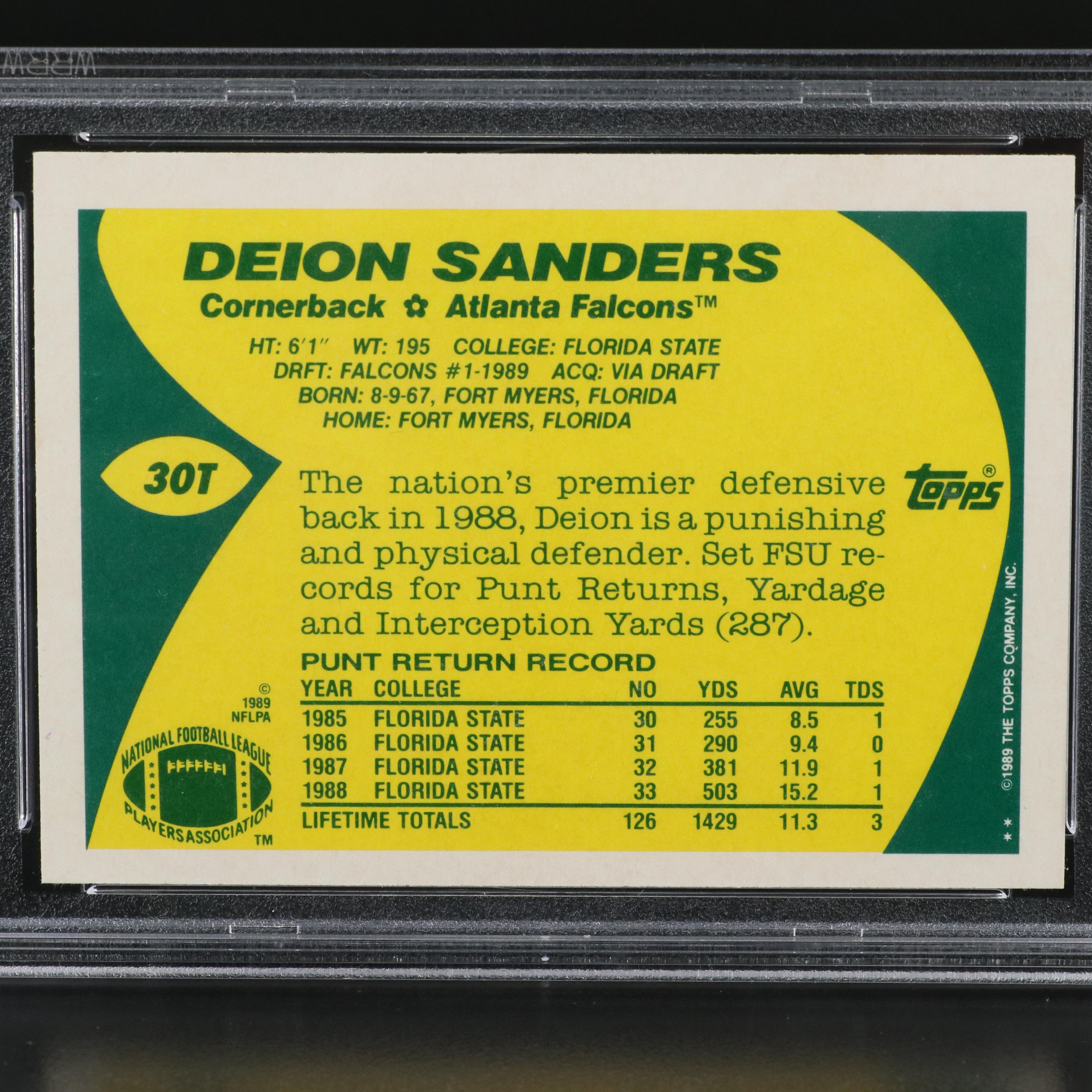 1989 Topps Traded Deion Sanders Atlanta Falcons Rookie Card Graded PSA 10