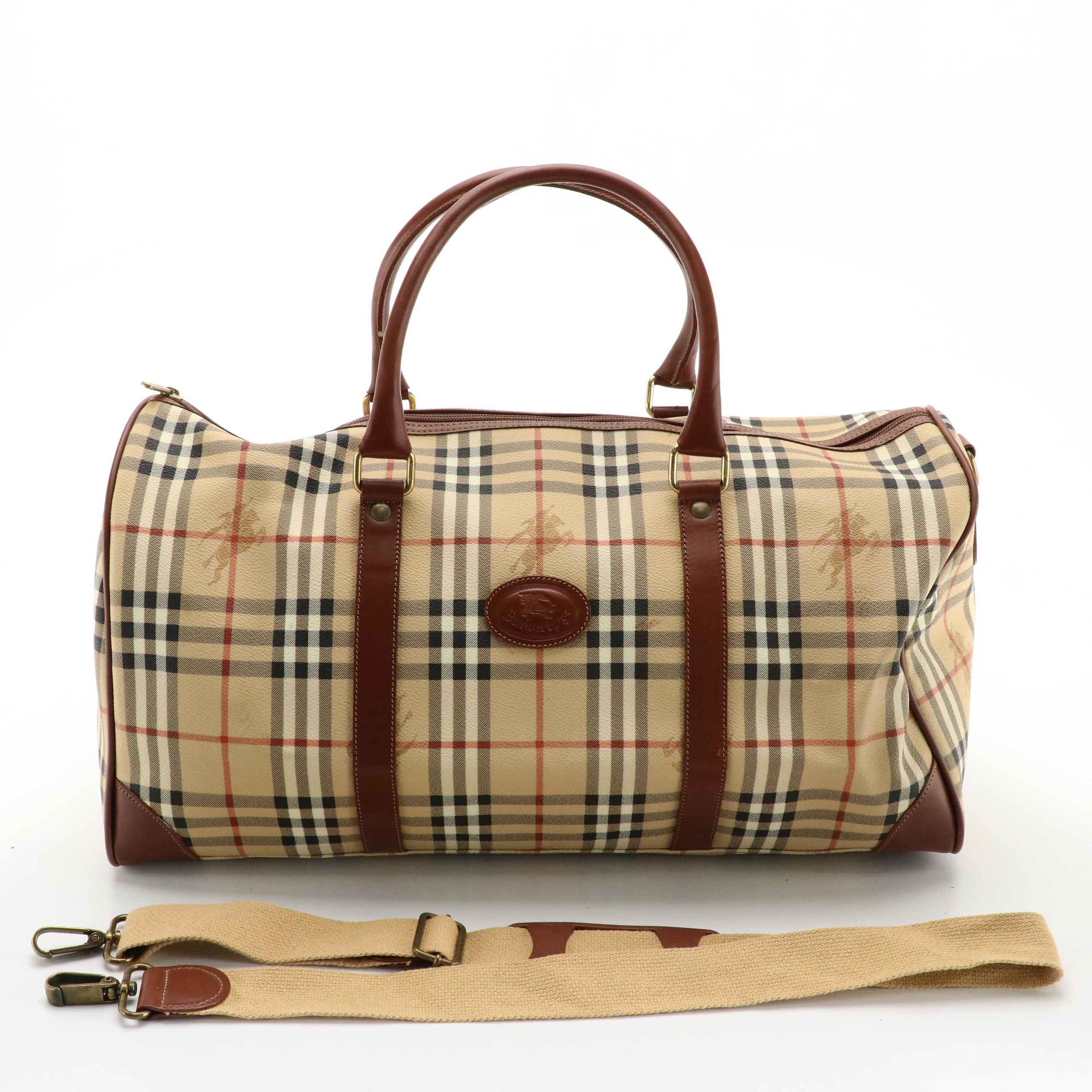 Burberrys Two-Way Travel Duffel Bag in Haymarket Check Coated Canvas and Leather