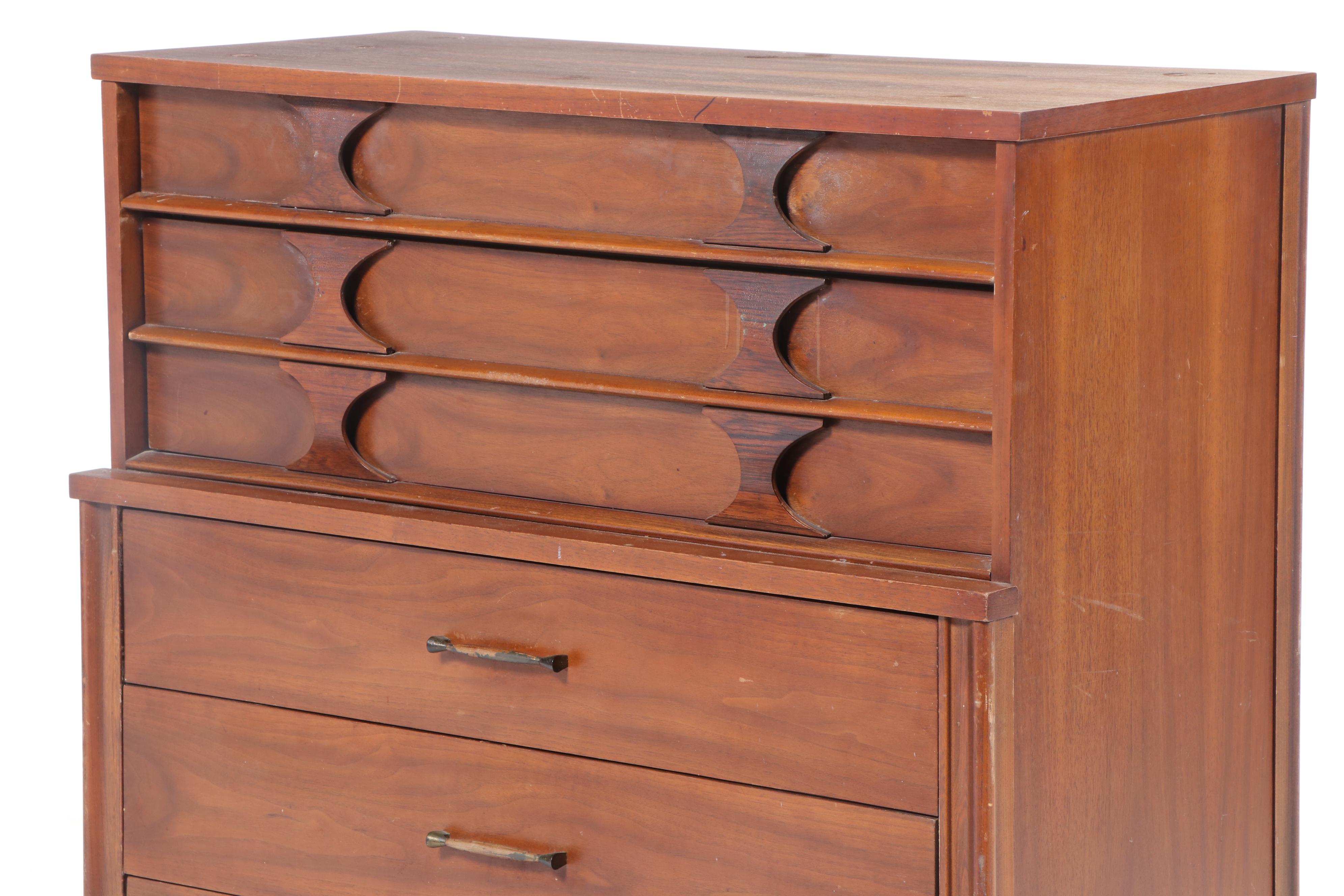Kent Coffey "Perspecta" Walnut, Rosewood, and Ash Five-Drawer Chest