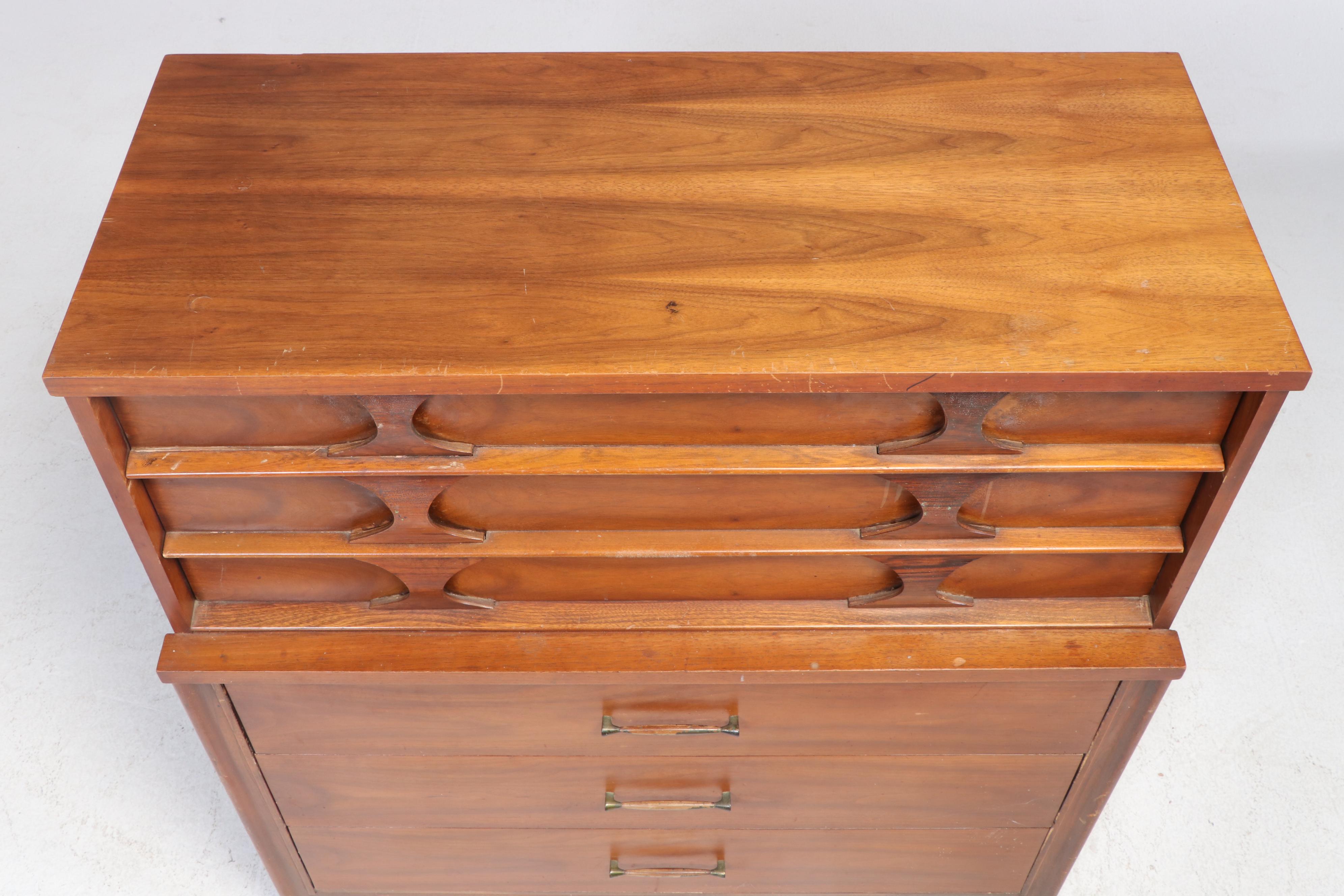 Kent Coffey "Perspecta" Walnut, Rosewood, and Ash Five-Drawer Chest