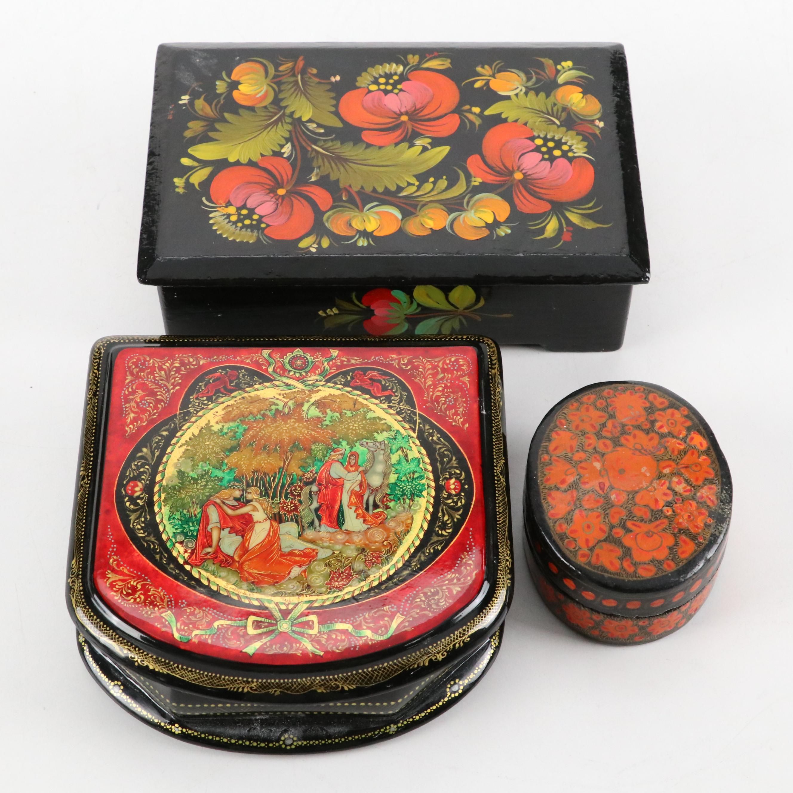 Ukrainian Lacquerware Box with Other Lacquered Wood Boxes