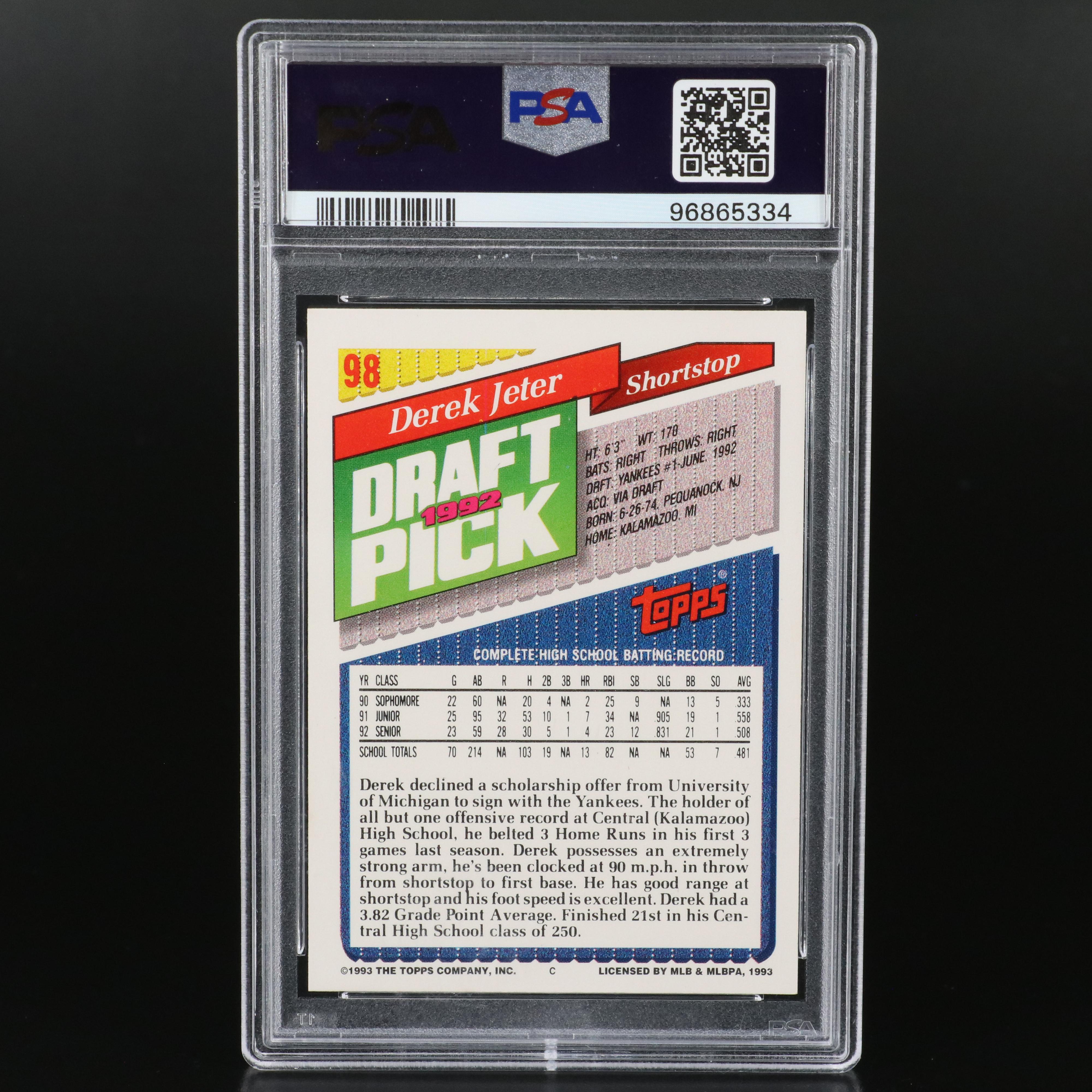 1993 Topps Derek Jeter New York Yankees Rookie Baseball Card Graded PSA 9